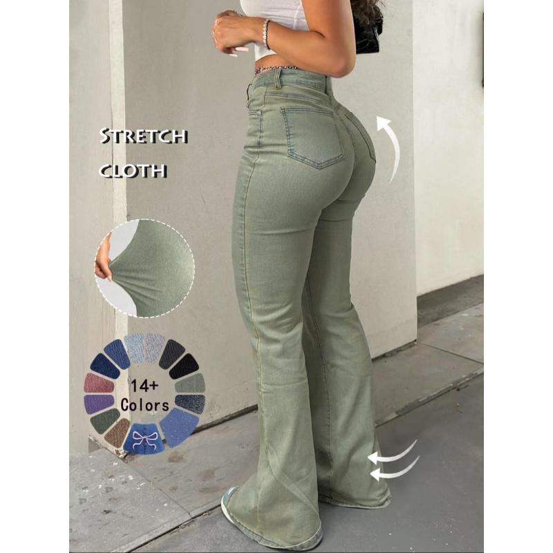 Women's High Waist Flare Leg Jeans, Casual Button Fly Pocket Design Bell Bottom Denim Trousers for Fall & Winter, Women's Bottoms for Daily Wear, Women Jeans fashion nova tall Womenswear Pants Streetwear Skinny Basic Light Wash Minimalist