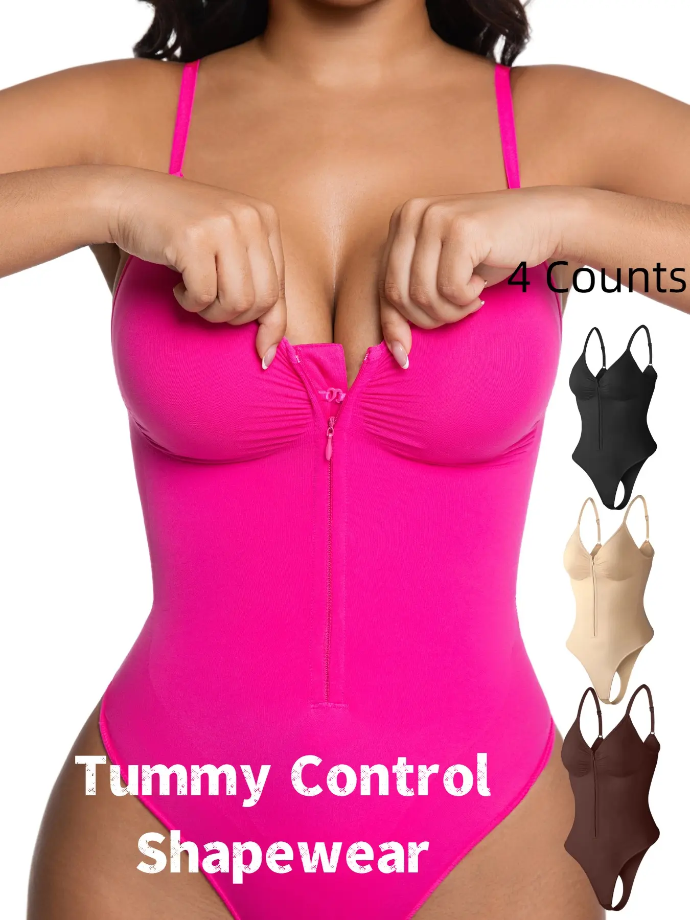 Women's Seamless Smooth Shapewear Bodysuit, Front Zipper Design, Tummy Control Thong Style, All Seasons Wearable, Comfortable Fit