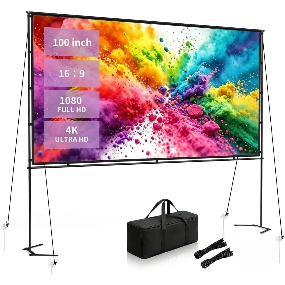 Outdoor Projector Screen with Stand, 100-Inch Portable 16:9 Screen | 4K , Wrinkle-Free Display, Washable Fabric, Outdoor , Easy Setup, Carry Bag Included