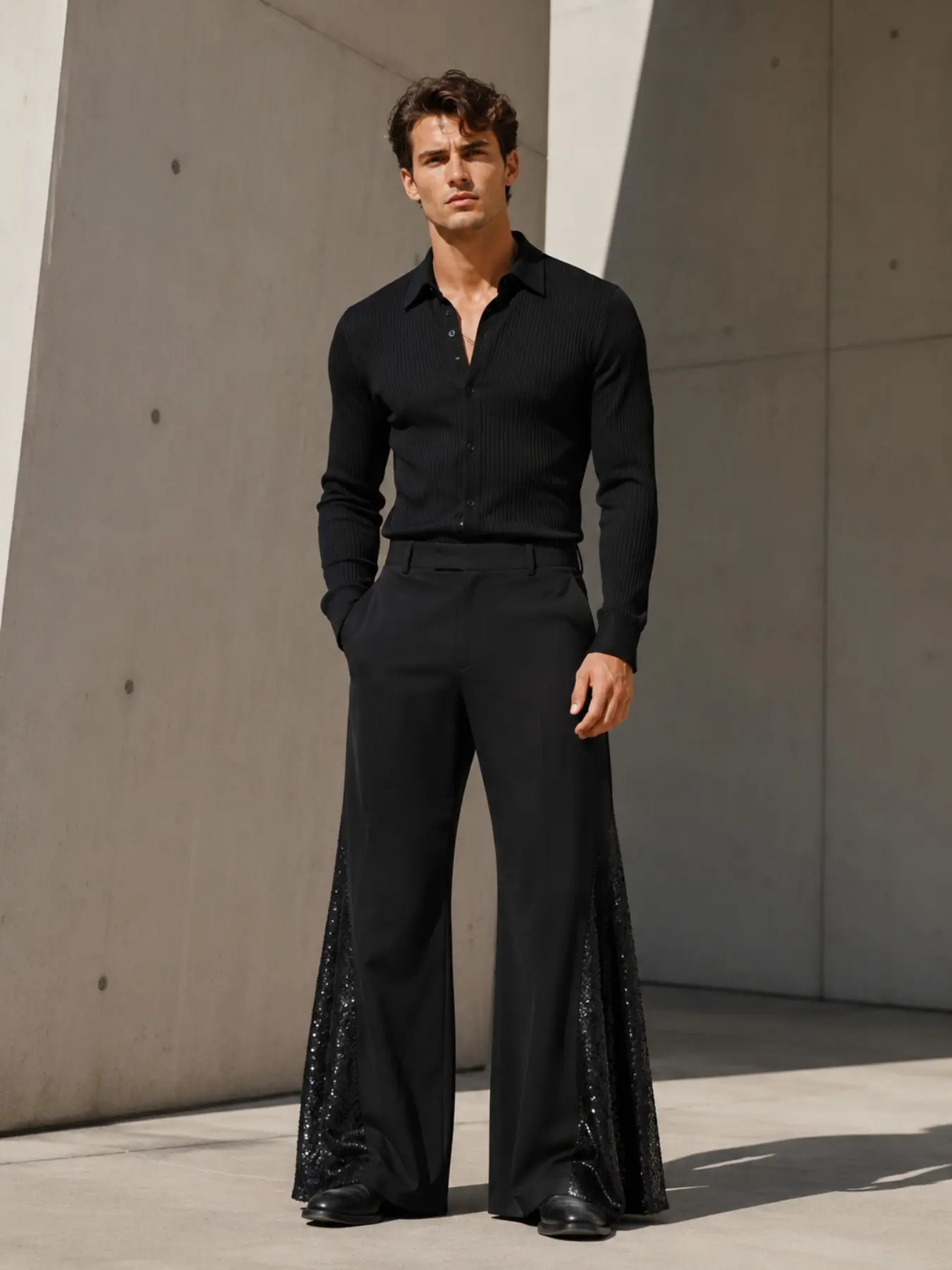 Men's Sequined Pants, Fashion Trendy Wide Leg Pants, Casual Loose Comfy, Casual Trousers, Retro Style, Unlined, Perfect for Casual Wear, Stylish and Comfortable