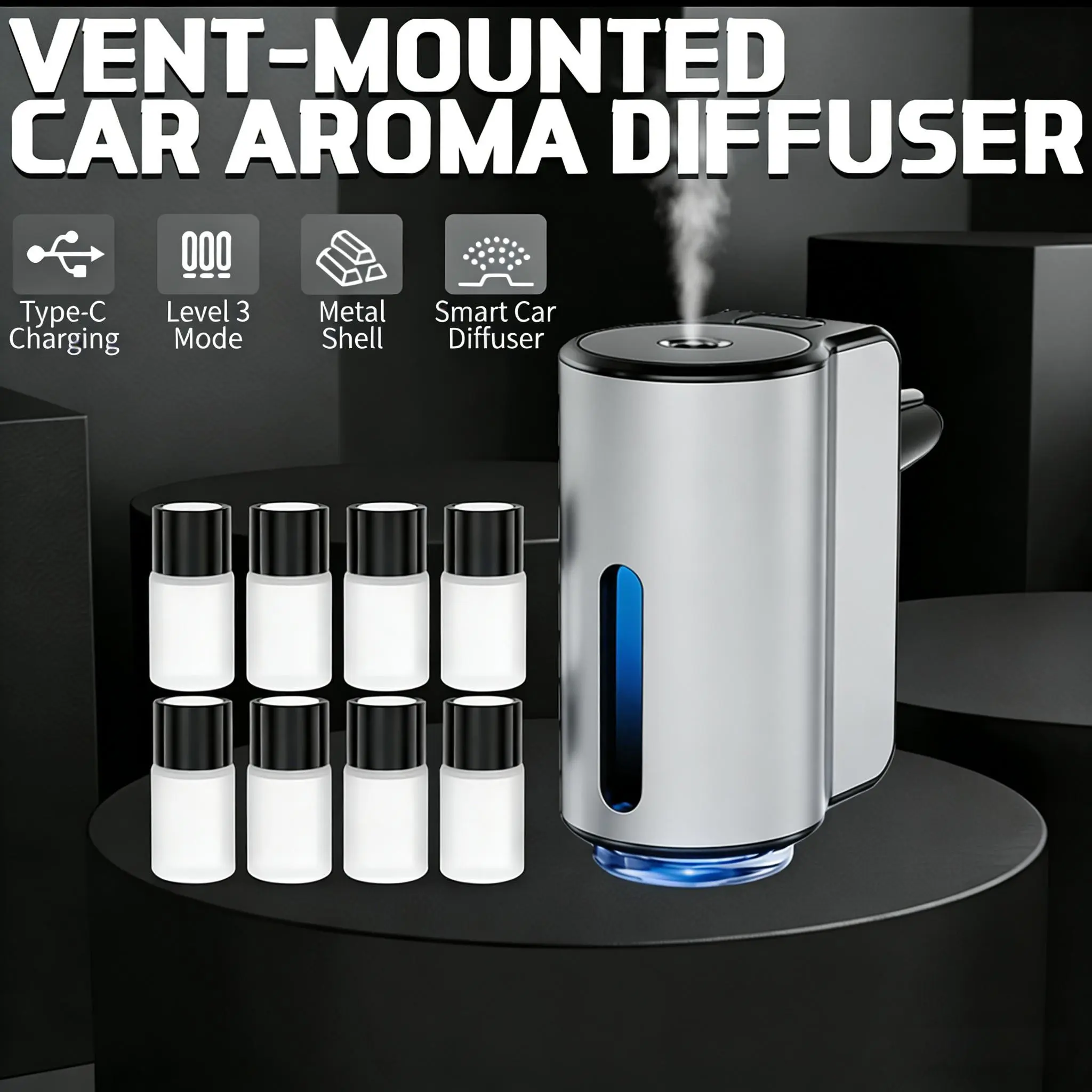 Smart Car Air Freshener Diffuser, 8 Bottles Cologne Oil, 3 Modes, Universal Fit, USB Powered, Gentle Fragrance, Comfortable Driving
