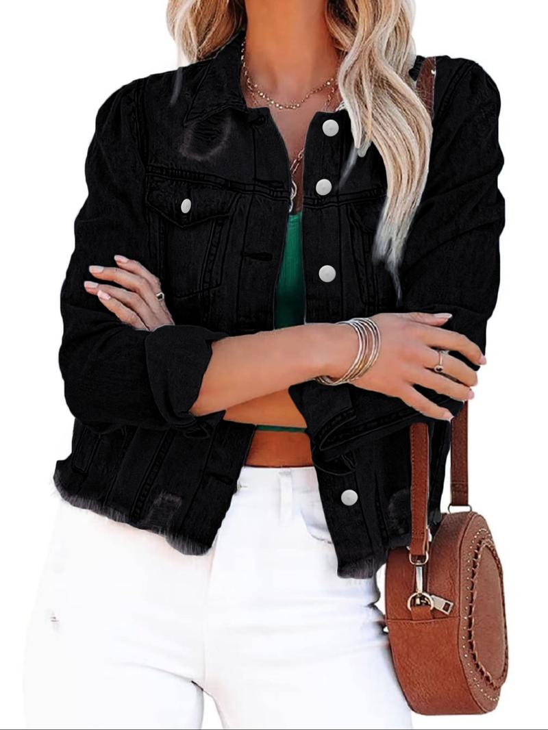 Women's Plain Ripped Raw Hem Denim Jacket, Casual Long Sleeve Button Front Outerwear for Daily Wear, Ladies Clothes for All Seasons