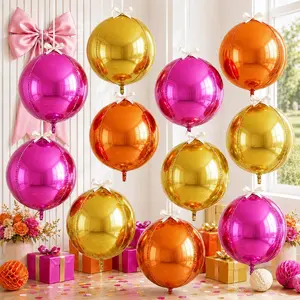 9 Pcs Pink Orange Gold Round Foil Balloons 22 In Metallic Hot Pink Gold Orange Chrome 4D Ball Balloon Mylar for Tropical Fiesta Summer Birthday Baby Shower Anniversary Sunset Disco Party Decor