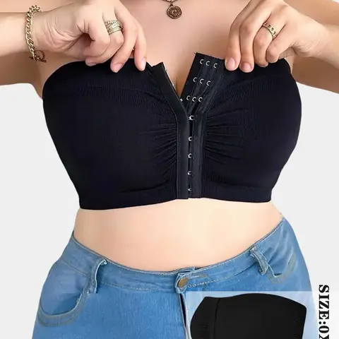 1/2/3/4/5PCS Plus Size's Front Closure Wireless Bra, Comfortable Fit Breathable Underwireless Knit Bandeau Bra, Full Coverage Slimming Design Underwear, Front Closure Bras