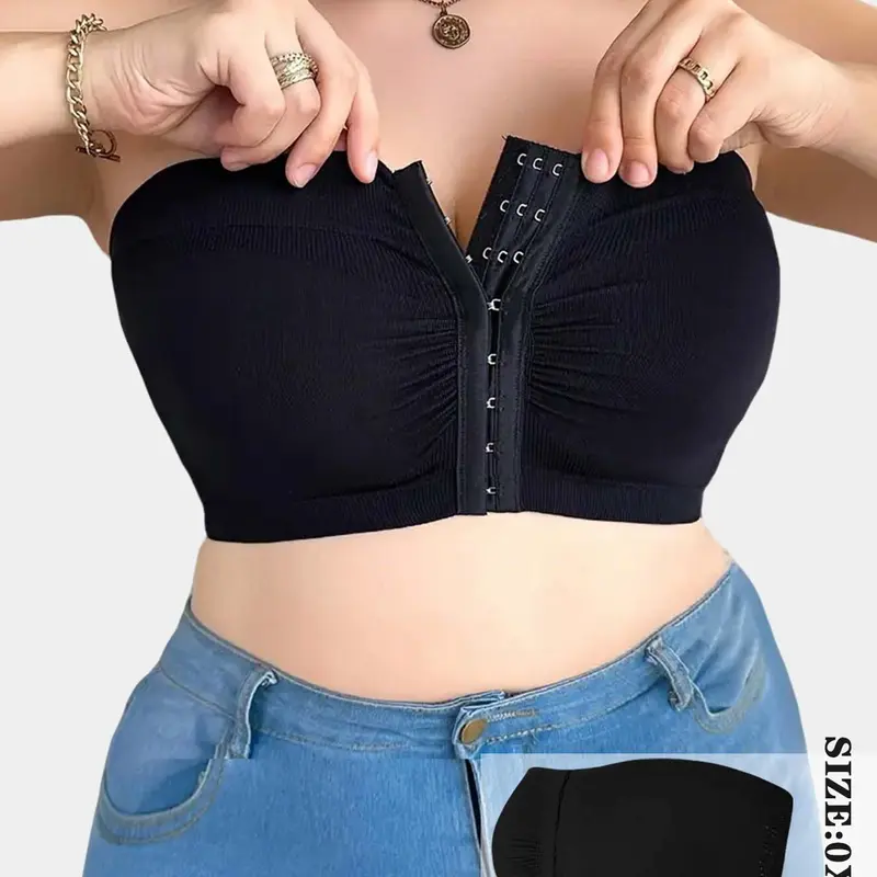 1/2/3/4/5PCS Plus Size's Front Closure Wireless Bra, Comfortable Fit Breathable Underwireless Knit Bandeau Bra, Full Coverage Slimming Design Underwear, Front Closure Bras
