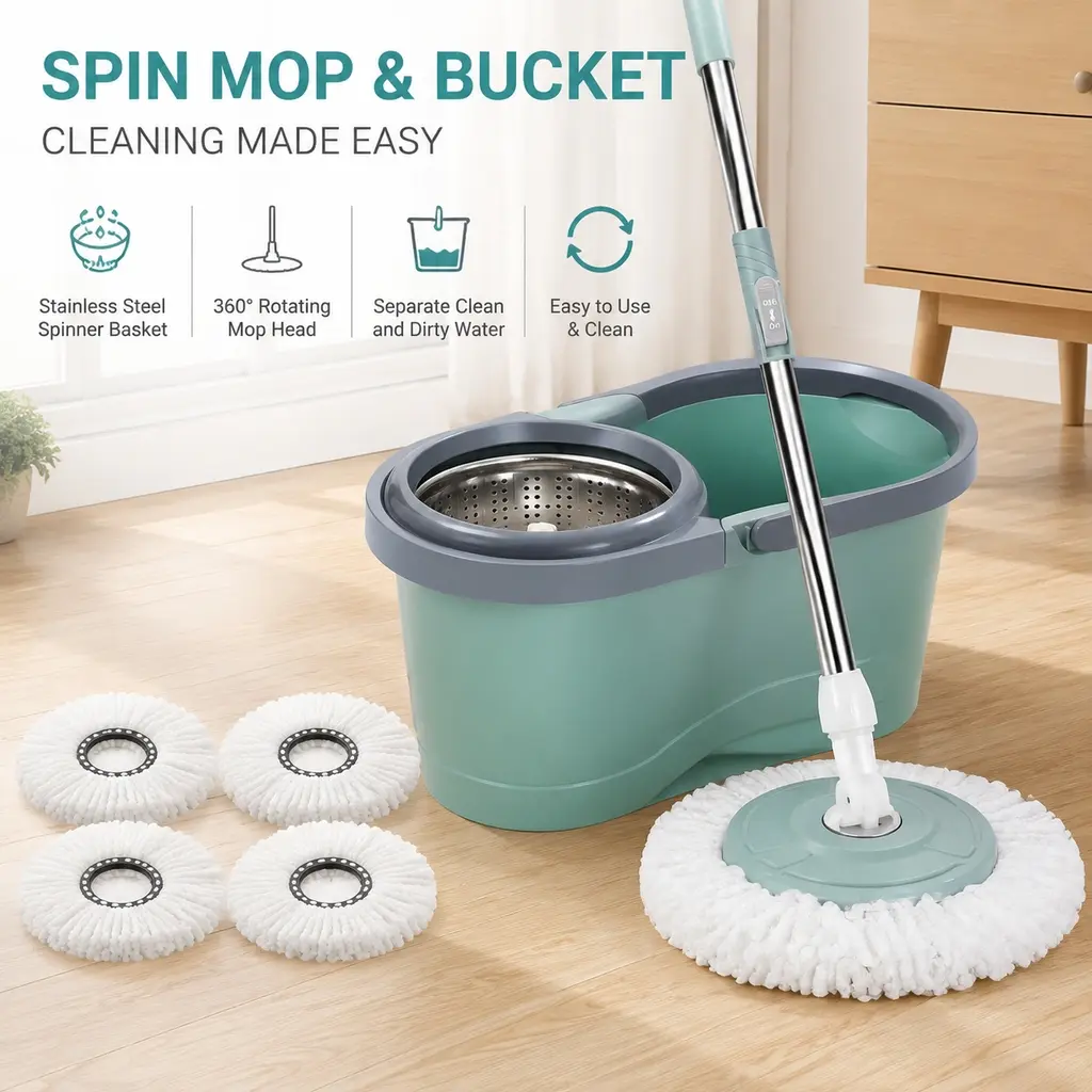 Spin Mop and Bucket Set, Rotating Mop with Wringer Bucket and 4 Reusable Microfiber Mop Pads, Easy Dry Floor Cleaning System for Home Kitchen Bathroom Hardwood Floors Tile and Daily Household Cleaning
