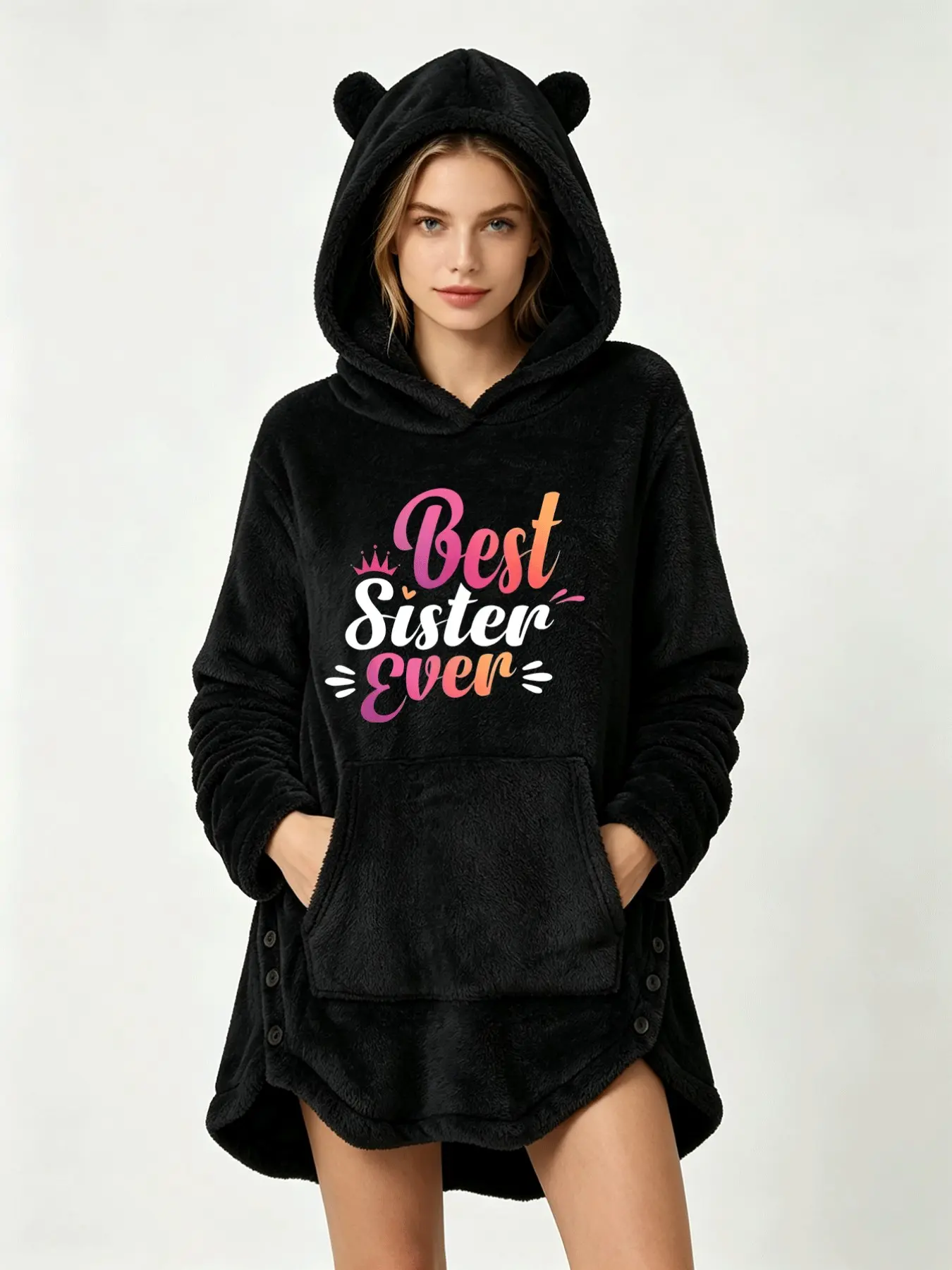 Y2K Soft Thick Flannel Long Sleepwear, European Style Gradient Crown Sibling English Art Font Print, Loose Hooded Home Dress