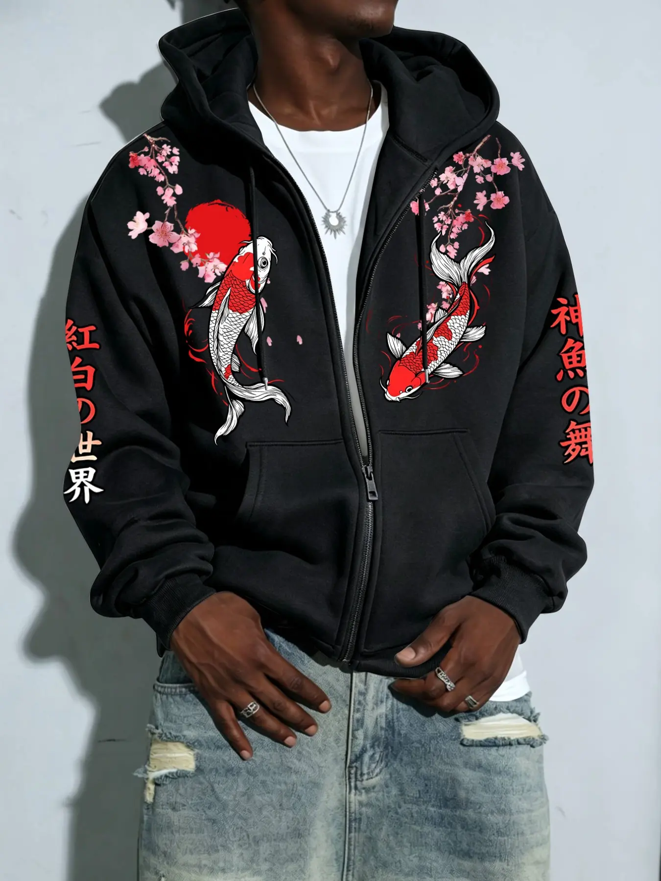Men's Drawstring Full-Zip Hooded Jacket, Oriental Koi, Cherry Blossom & Vertical Japanese Kanji Graphics, Japanese Auspicious Pattern Zip-Up Hoodie, Ideal for Men's Autumn Holiday, Daily Travel & Street Casual Outfits