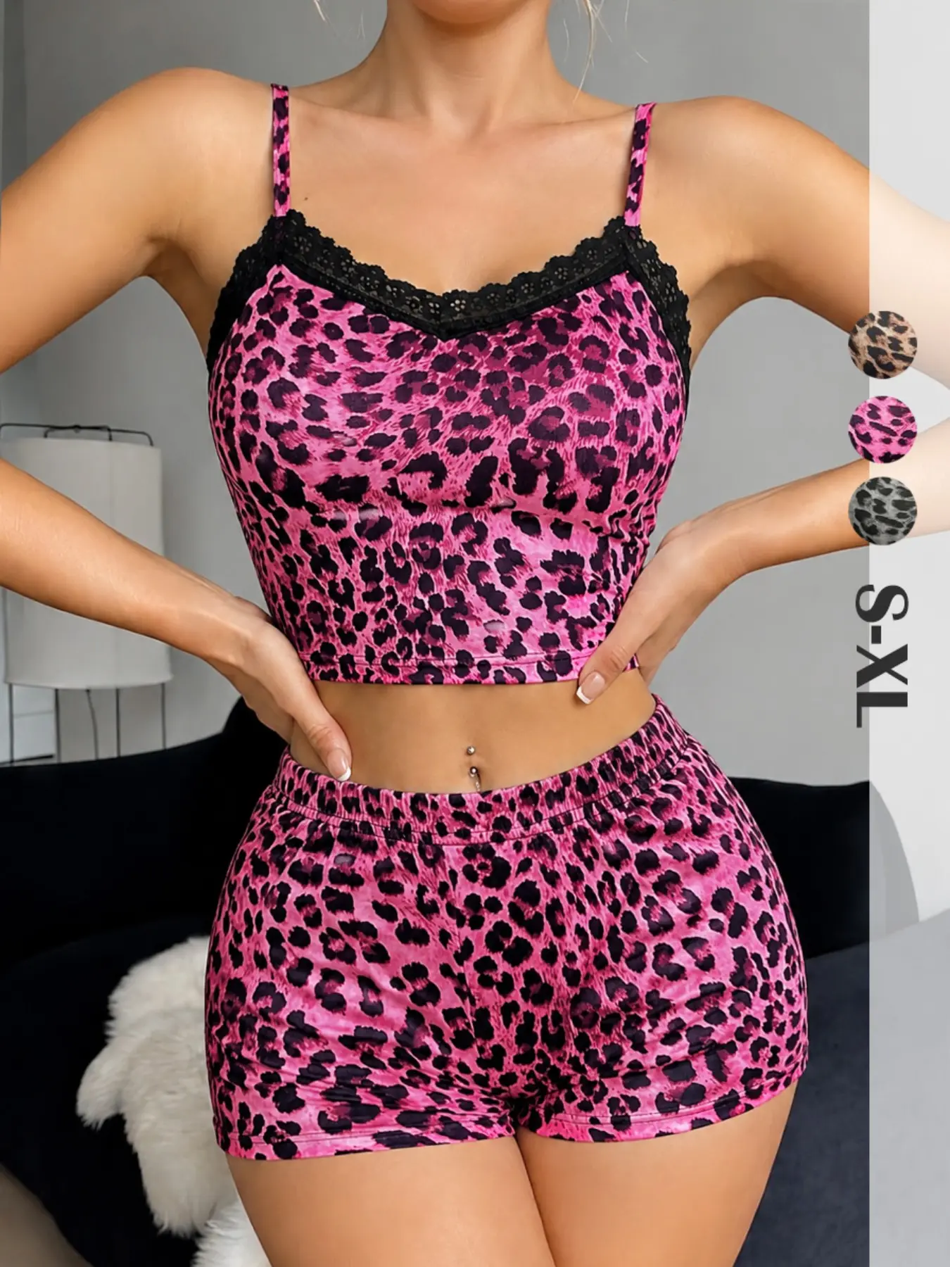 Women's Soft Casual Pajama Set, Lace Trim V-Neck Spaghetti Strap Top and Matching Shorts, Sleeveless Slim-Fit Sleepwear for Comfort