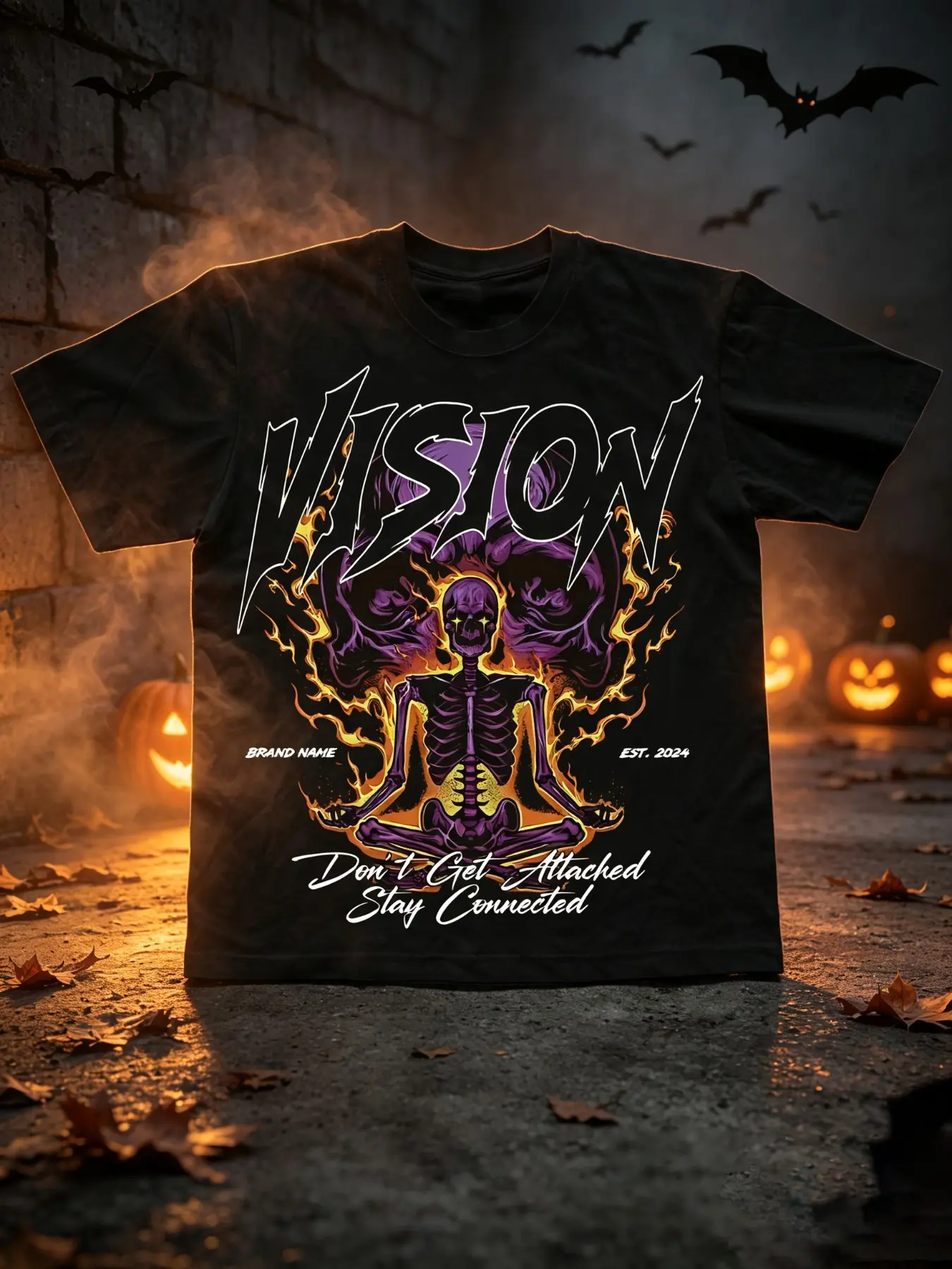 Men's Halloween Vision Meditating Skeleton Flame Graphic T-Shirt, Gothic Streetwear Tee, Loose-Fitting Long Sleeve Top, Casual Style
