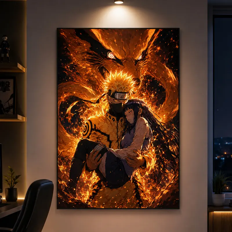 Epic Anime Couple Canvas Wall Art - Fiery Fox Spirit Fantasy Poster, Japanese Manga-Inspired Print, Anime Bedroom Decor, Gift for Otaku Fans