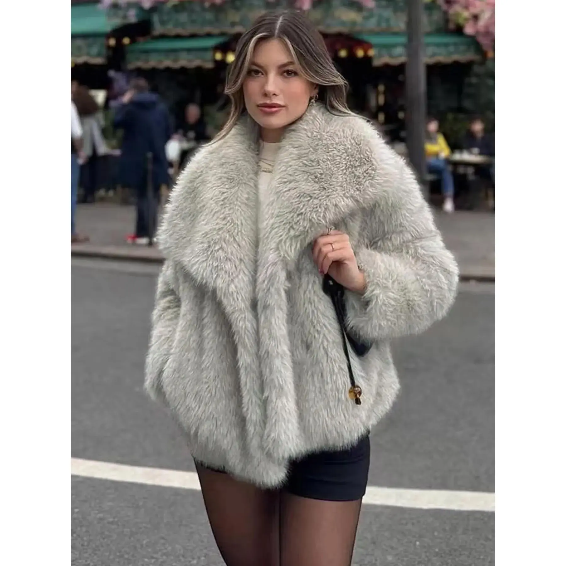 Women Essential Solid Color Faux Fur Fitted Jacket Casual Long Sleeve Collared Fuzzy Coat for Fall Winter Daily Wear Lady Outerwear Outfit Fur Jackets Warm Fashionable Womenswear