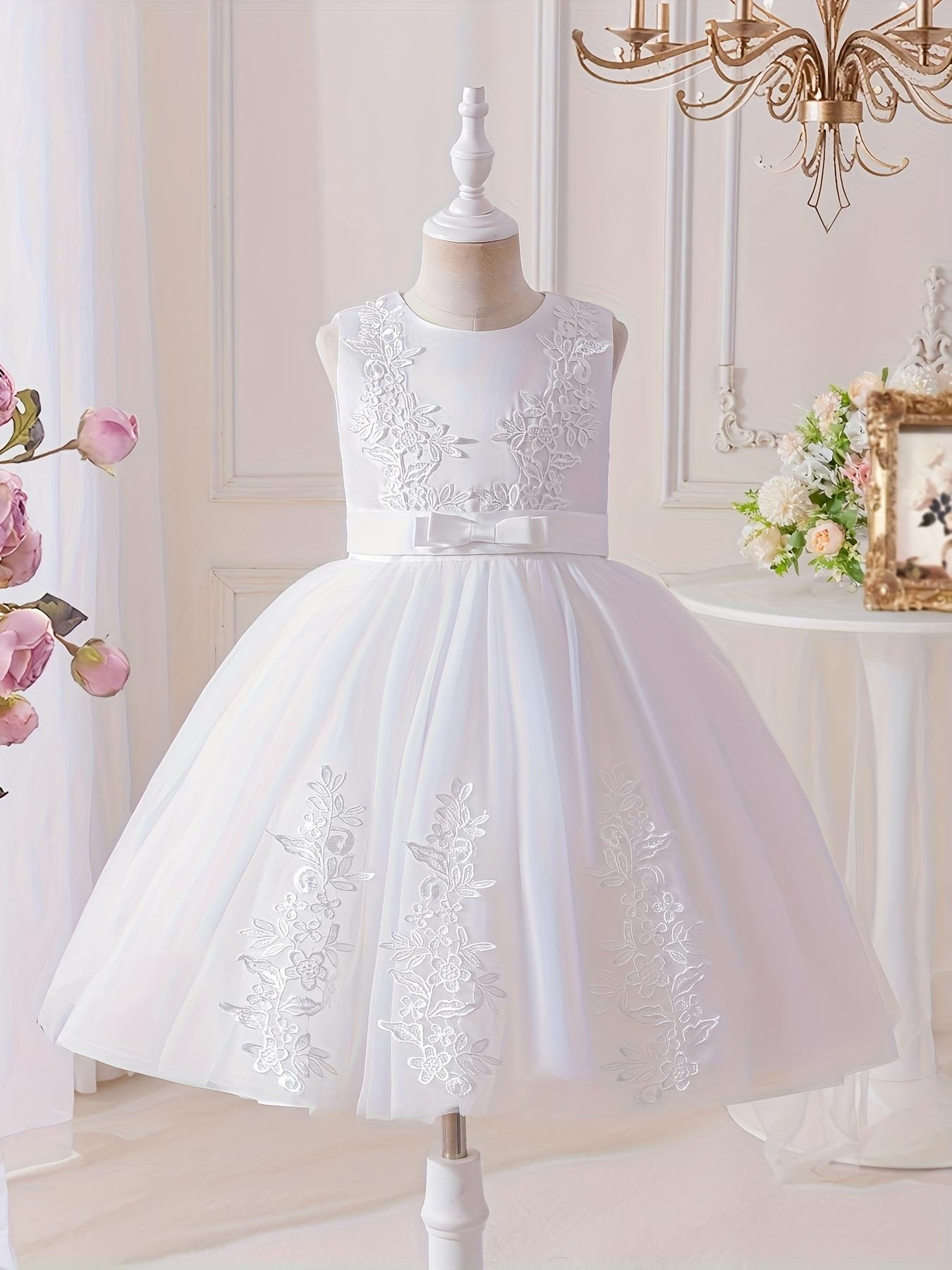 Girls Princess Dress Lace Mesh Flower Girl Wedding Stage Runway Sleeveless Midi Crew Neck Embroidered Tie Back Flared Hem All Season Non Stretch Formal Dresses