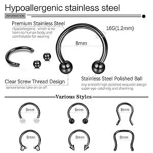 Besteel 16 Pcs Gold Silver Black Hypoallergenic Septum Rings 16G 8mm Surgical Steel nose rings Hoops Jewelry Set Small  for Women Men  Jewellery Body Piercing Kit Piercings Kits