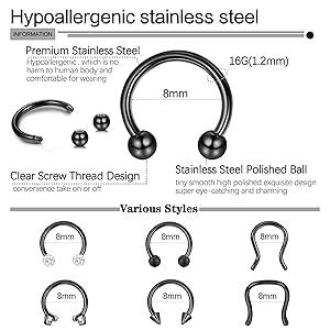 Besteel 16 Pcs Gold Silver Black Hypoallergenic Septum Rings 16G 8mm Surgical Steel nose rings Hoops Jewelry Set Small  for Women Men  Jewellery Body Piercing Kit Piercings Kits