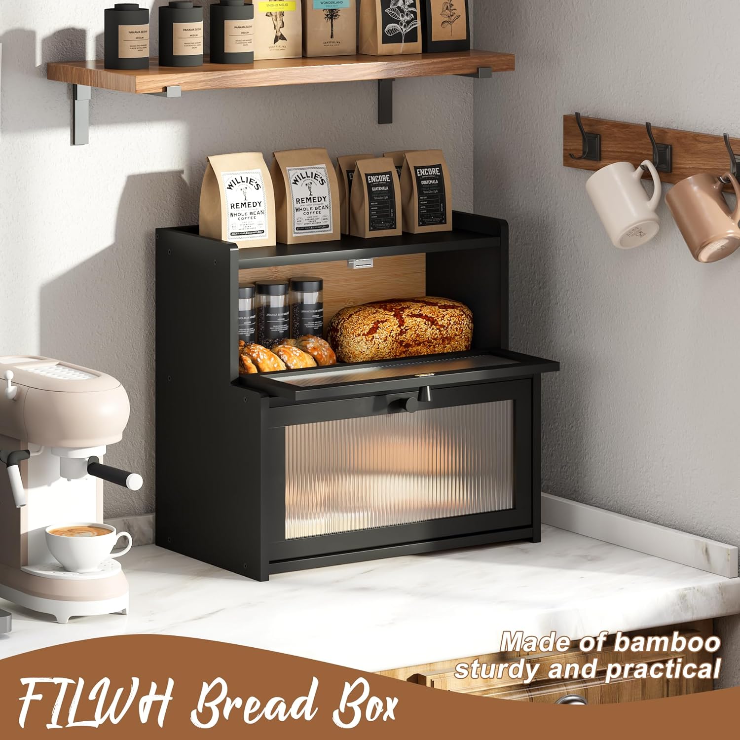 Bread Box for Kitchen Countertop Double Layer Large Corner Bread Box Capacity Bread Storage Bin Farmhouse Breadbox Container Organizer Cabinet Cupboard Black