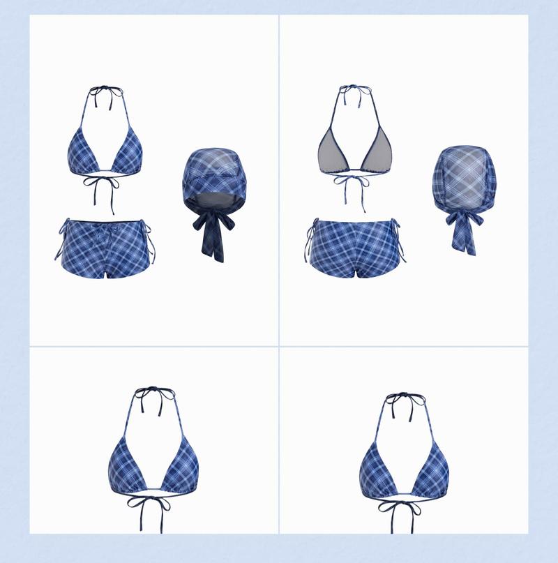 Cider Halter Neckline Check Knotted Triangle Tie Side Bikini Set With Cover Up Shorts & Headscarf