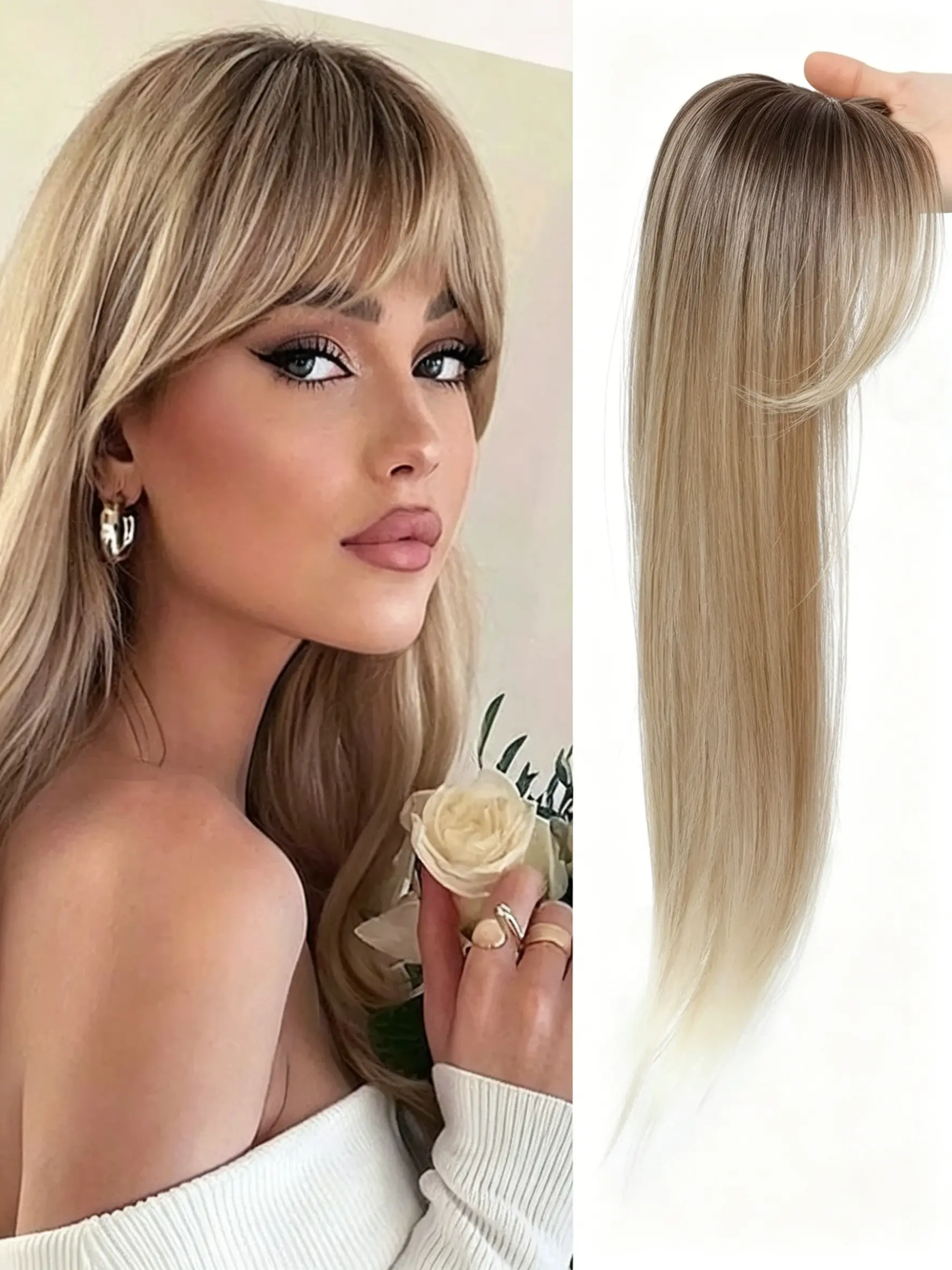 360° Realistic Bang Hairpiece, Elegant Clip-On Fiber Extension, Voluminous Straight Hair, Covers Bald Spots, Youthful Fringe Wig, Volume Hairpiece