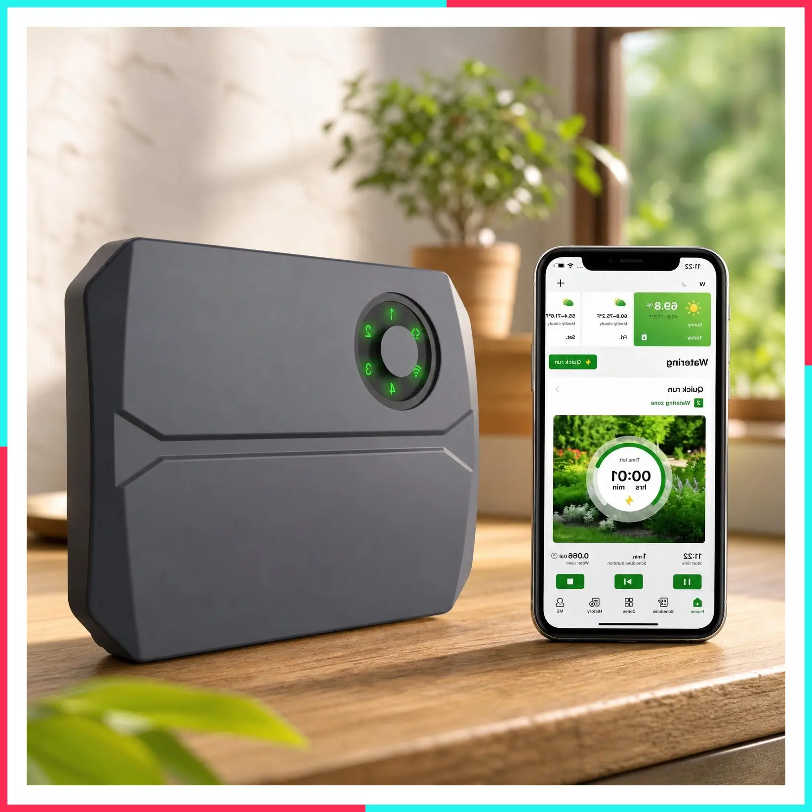 Smart WiFi Sprinkler Controller, 2.4GHz Irrigation Timer with App Control, 4 Zones & 16 Programs, Auto Skip Rain/Freeze/Wind, 10-Minute Install