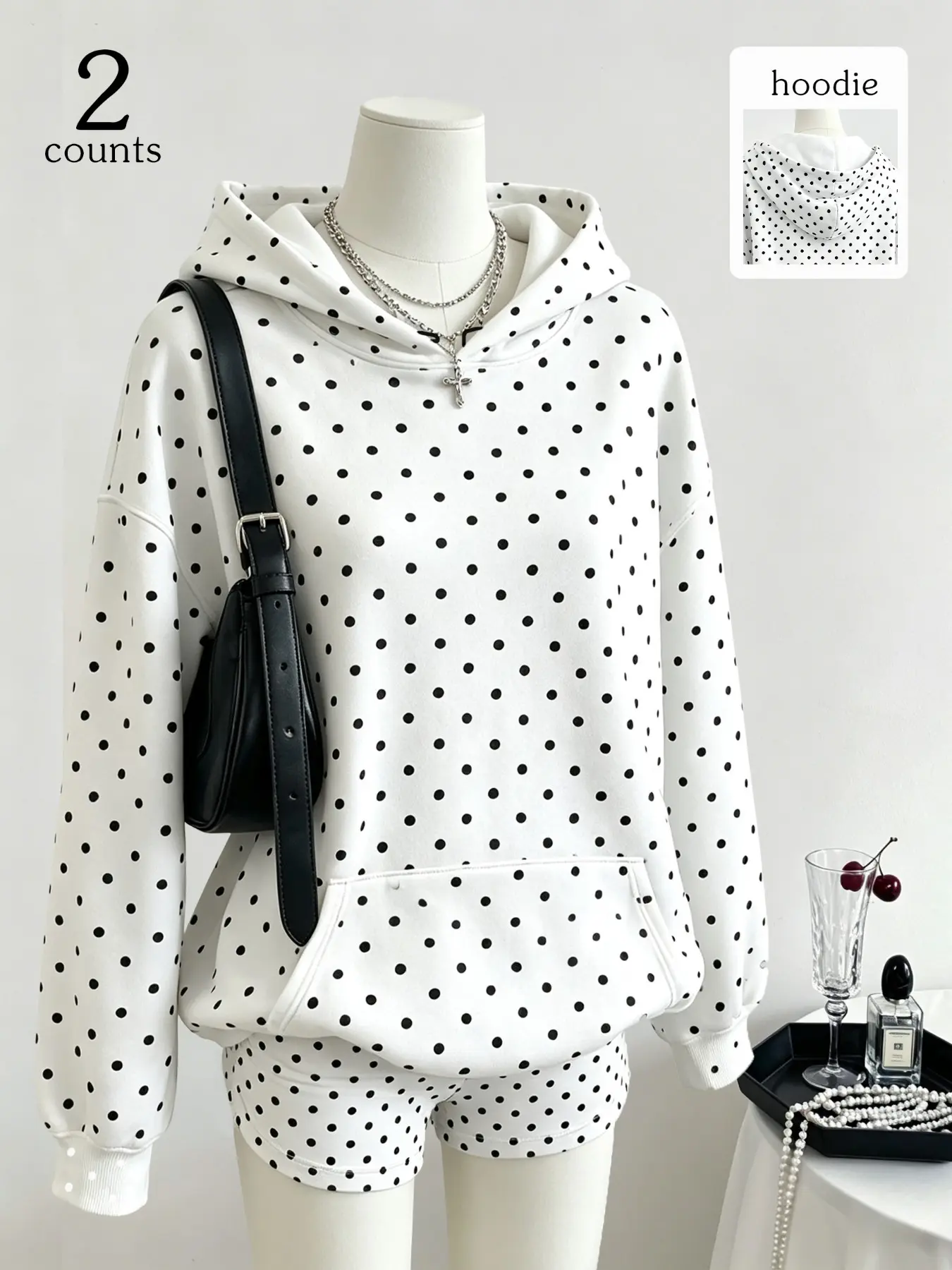 Ladies Polka Dot Matching Two Piece Set, Warm Fleece Lined Hooded Sweatshirt, Elastic High Waist Shorts, Oversized Loose Fit Hoodie Outfit, Fashion Casual Street Matching Suit, Women's Tops Co-ord for Shopping Vacation Daily Look