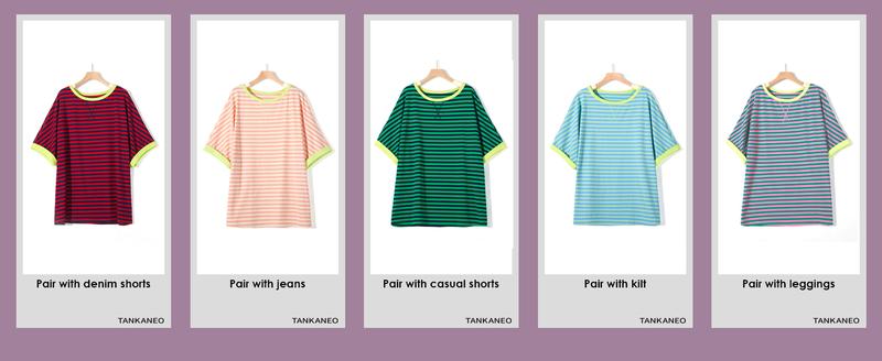 Imily Bela Womens Striped Oversize T-Shirt Casual Half Sleeve Color Block Tunic Summer Crew Neck Tee Tops