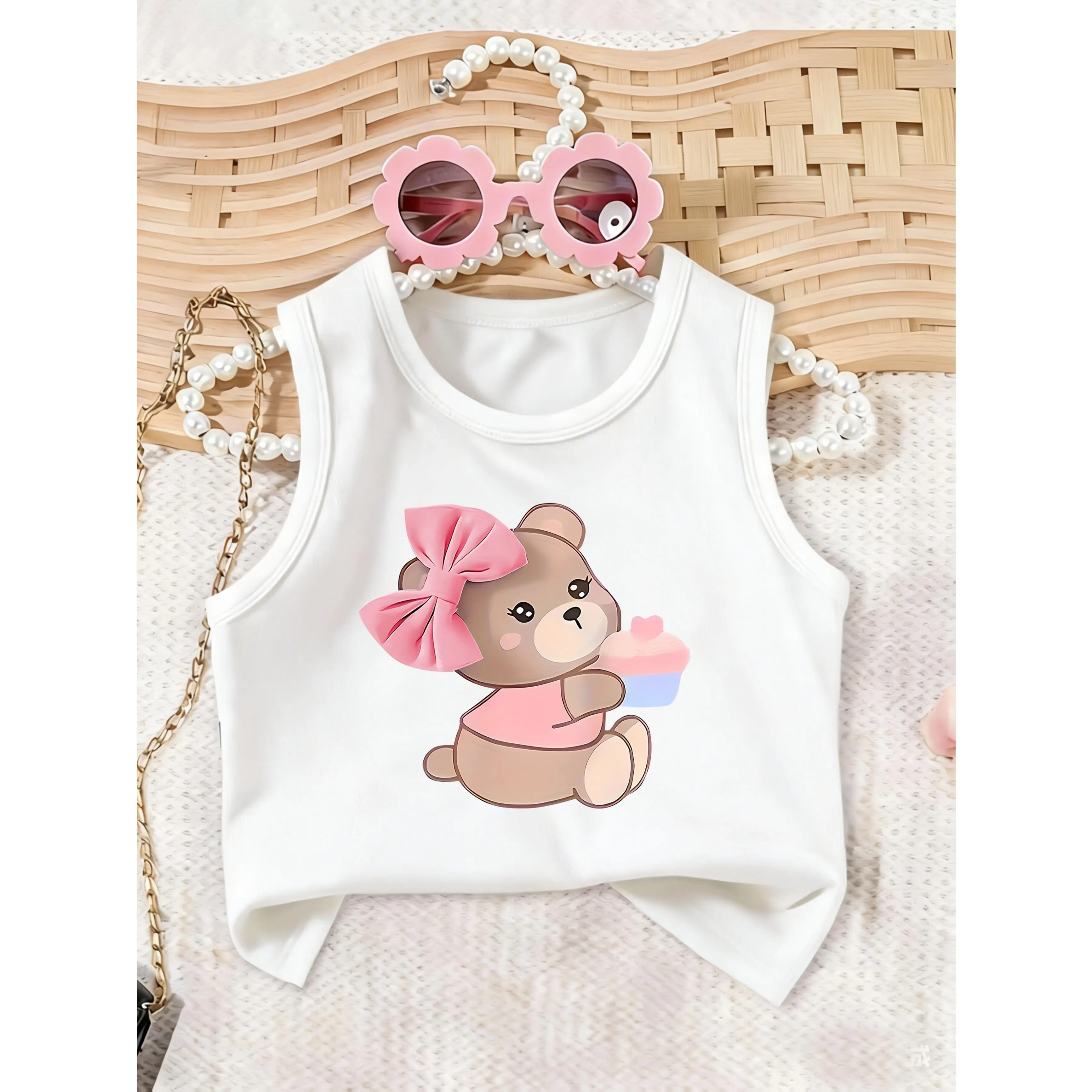 Cute Bear Pattern Print - Round Neck Girls' Tank Top with Bow - Girls' Sports Vest