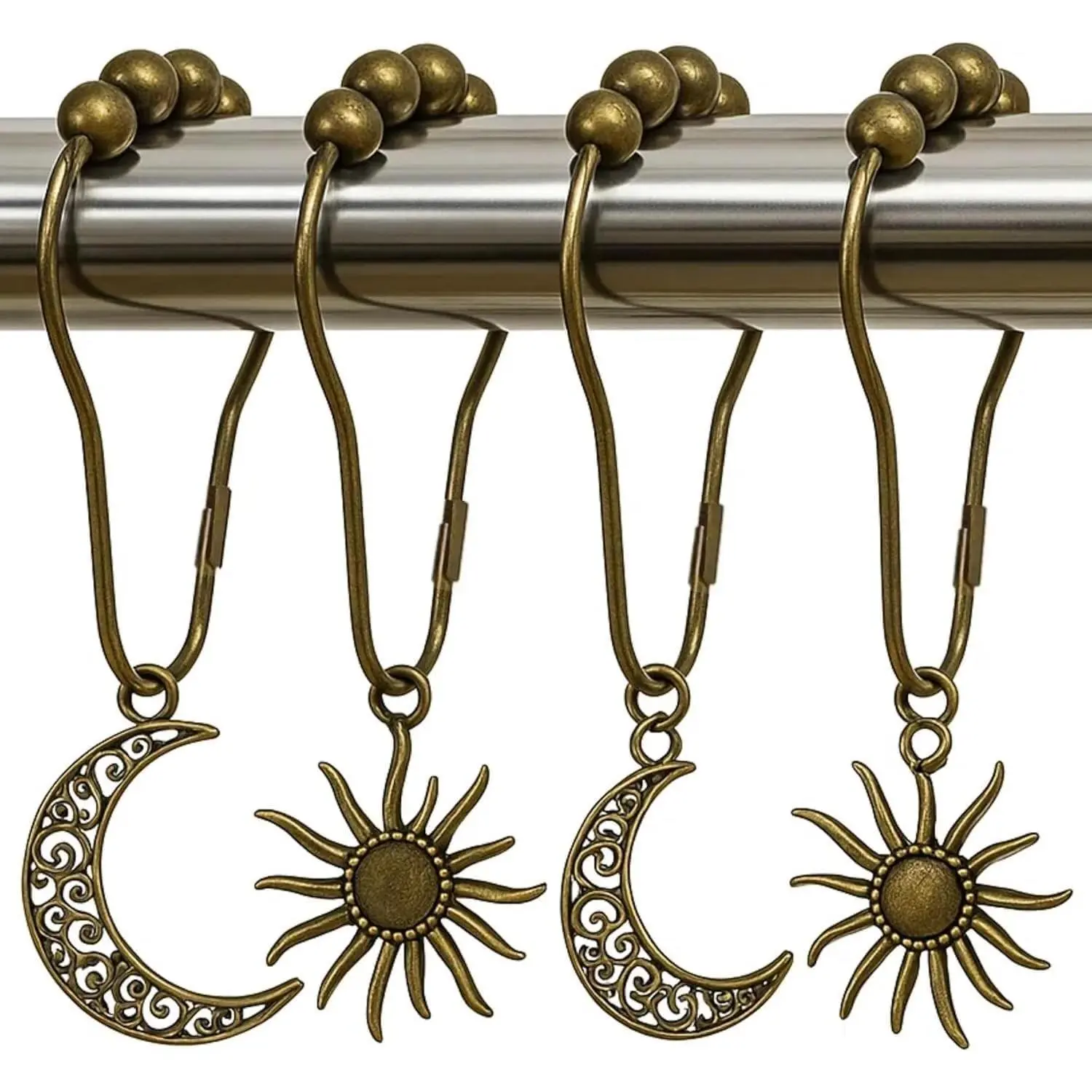 Bronze Iron Celestial Shower Curtain Hooks, 12-Pack Sun-Moon Decorative Gothic Hooks, Easy Installation for Boho Shower Curtains, Ideal Gift