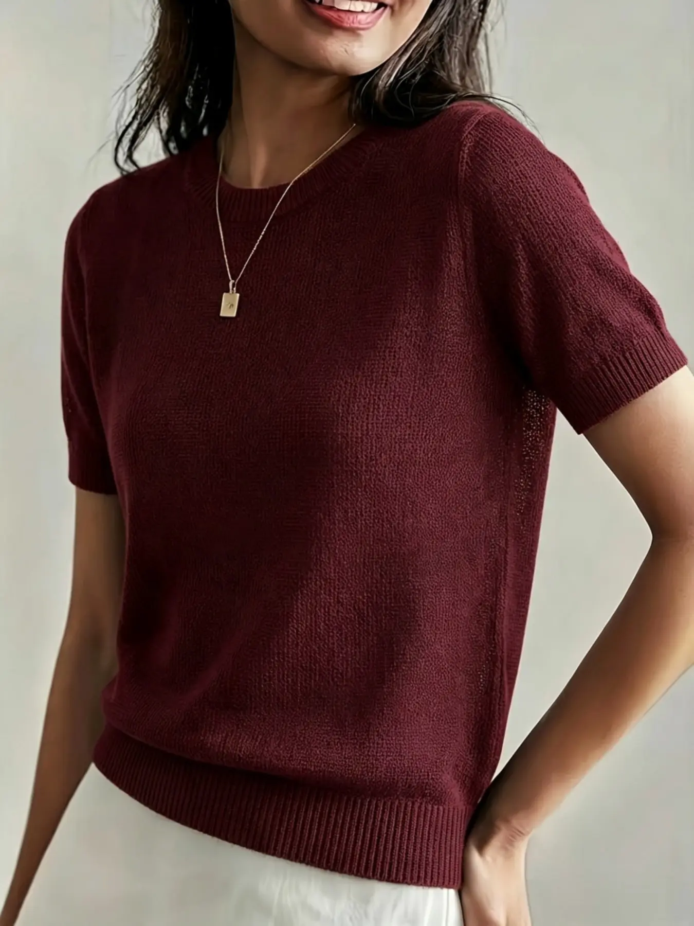 Knitted Short Sleeve Top, Spring Summer Solid Color Basic, French Minimalist Style, Round Neck Breathable Knitwear, Daily Commute Casual Wear