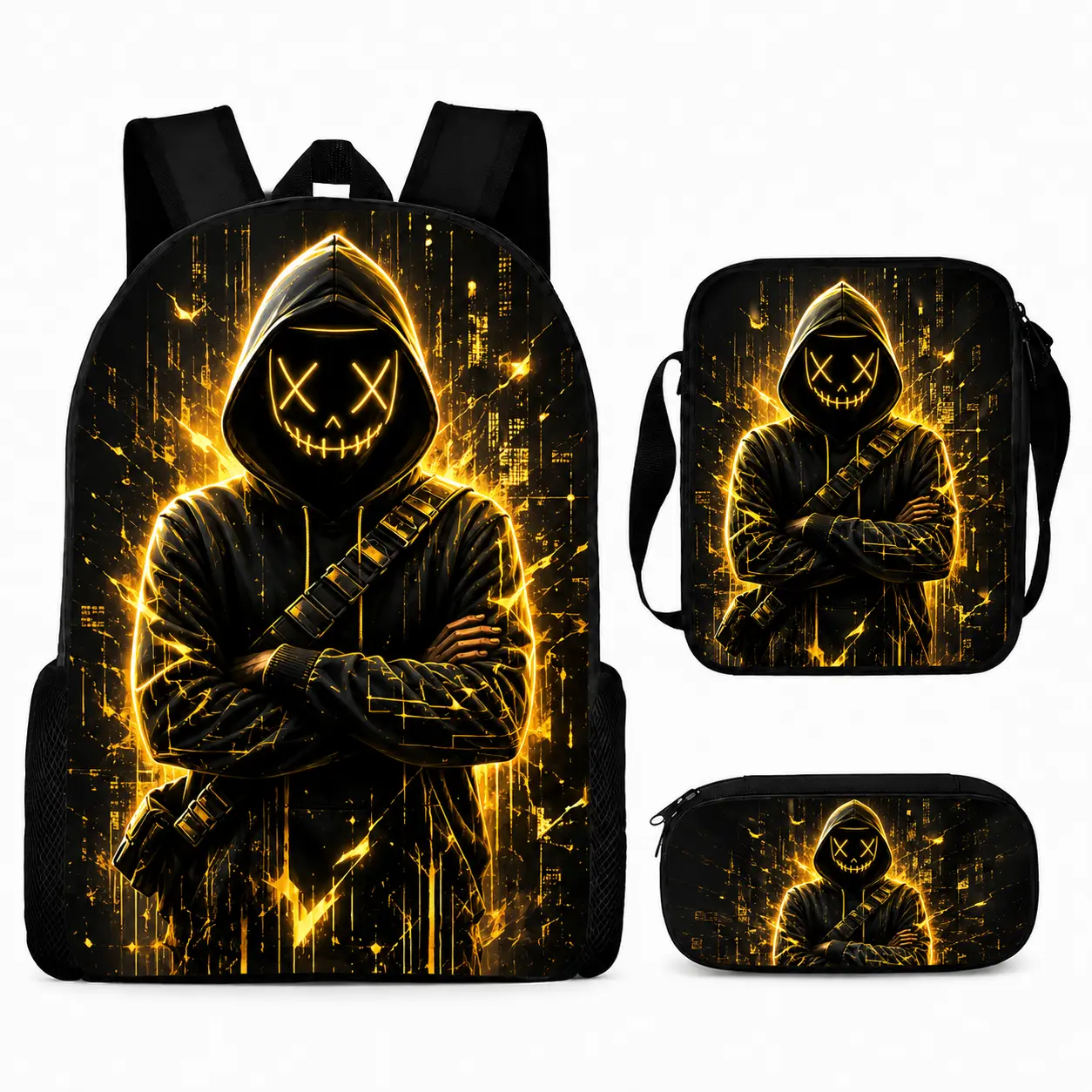 Cyberpunk Backpack Set for Kids Boys Girls, 3 Piece School Backpack Set with Lunch Bag and Pencil Case, Cool Gaming Style Student Backpack, Black Tech Graphic Bookbag, Large Capacity School Bag for Elementary Students, Back to School Supplies, Teen Boys G