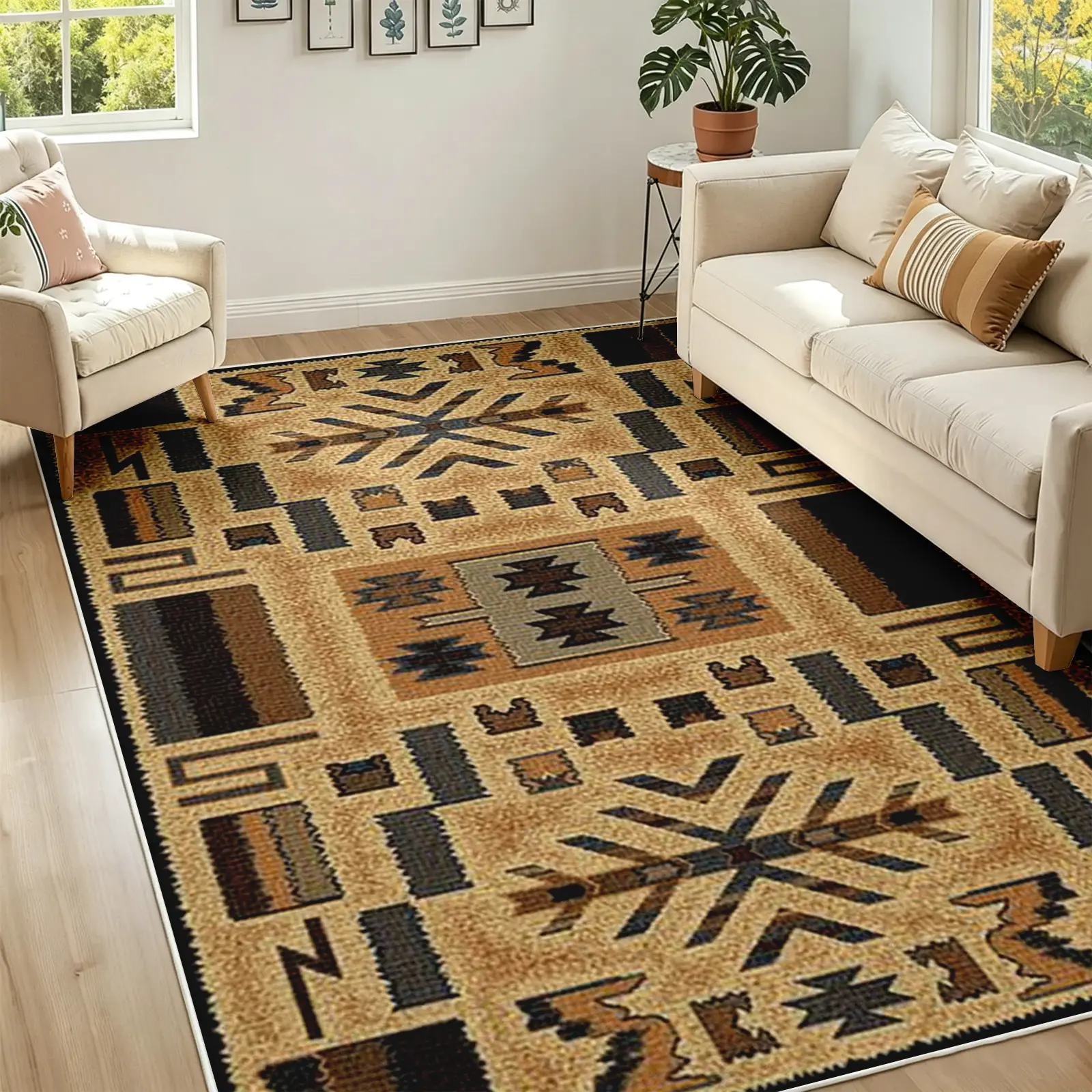 [Moving Season]Southwestern Geometric Area Rug, Mustard Yellow and Black Tribal Carpet, Soft Plush Faux Cashmere, Non Slip Washable Floor Cover for Living Room Dining Room Bedroom Office, Rustic Home Decor, Room Decor (Various Sizes)