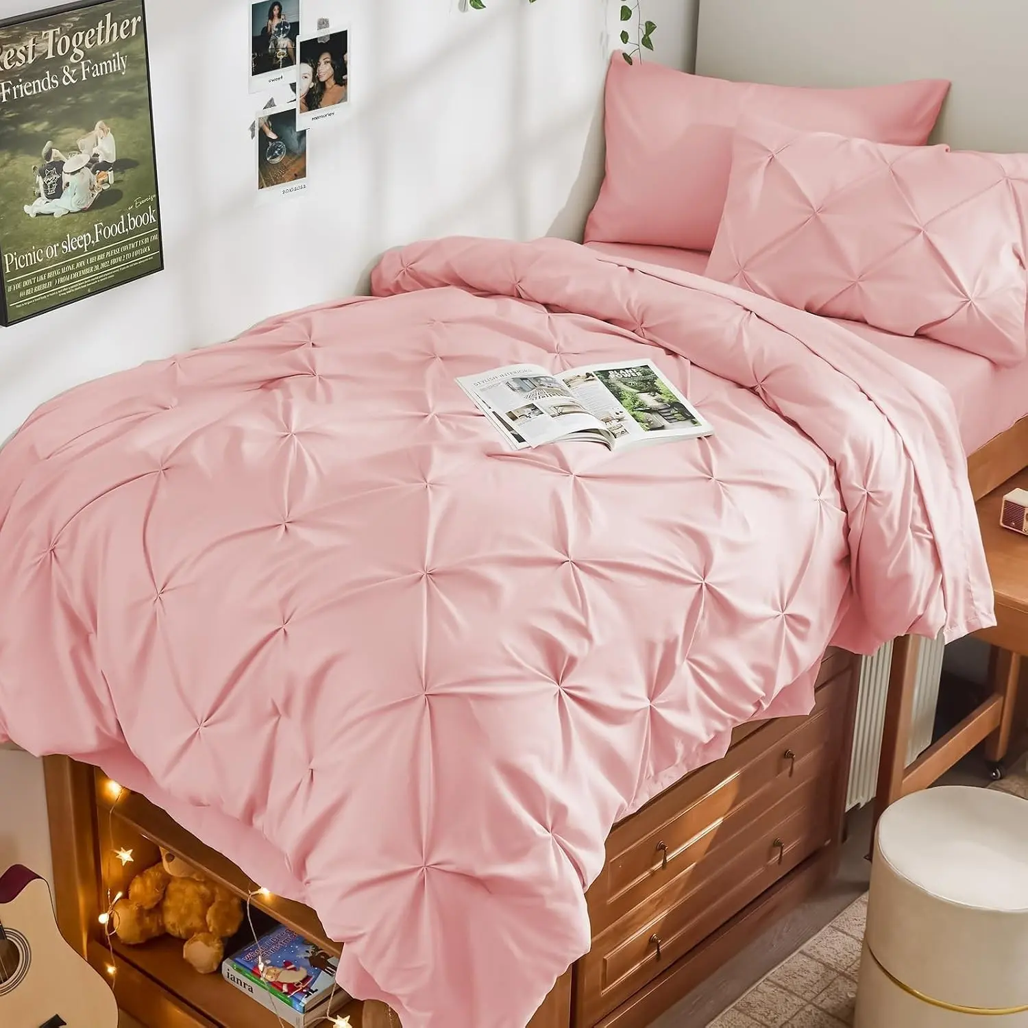 Twin Comforter Set 5 Pieces - Bed in a Bag Twin for All Season, Pintuck Bedding Comforter Sets with Comforter, Flat Sheet, Fitted Sheet and Pillowcases & Shams, Pink