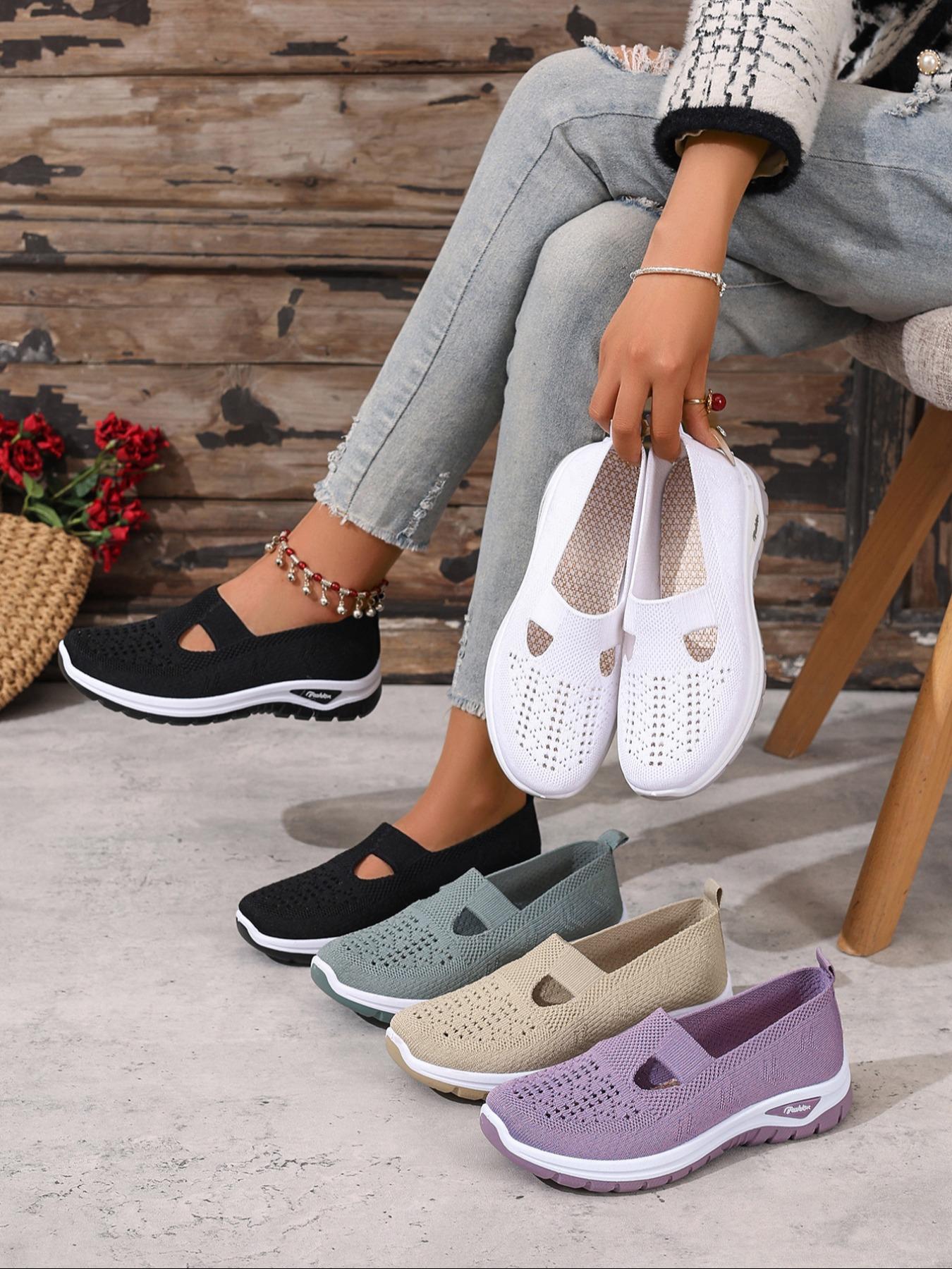 Women's Solid Color Low Top Sneakers, Lightweight Slip Ons, Casual Comfortable Breathable Sports Running Shoes, All-match Basic Shoes for Daily Wear
