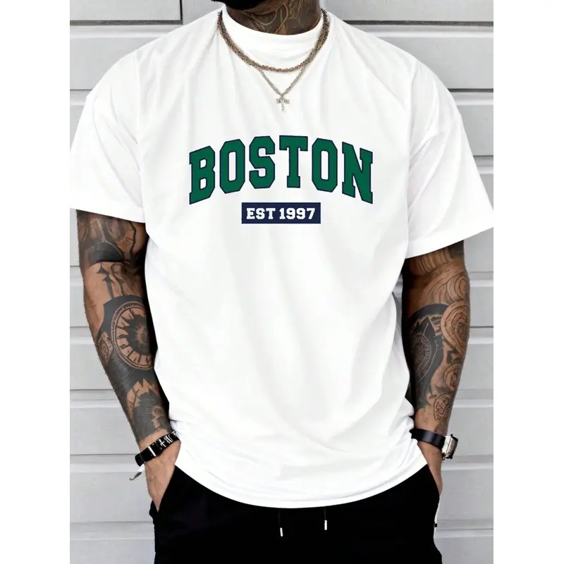 Men's Letter Print Short Sleeve Crew Neck Slim Fit Casual Commuter T-Shirt, Summer