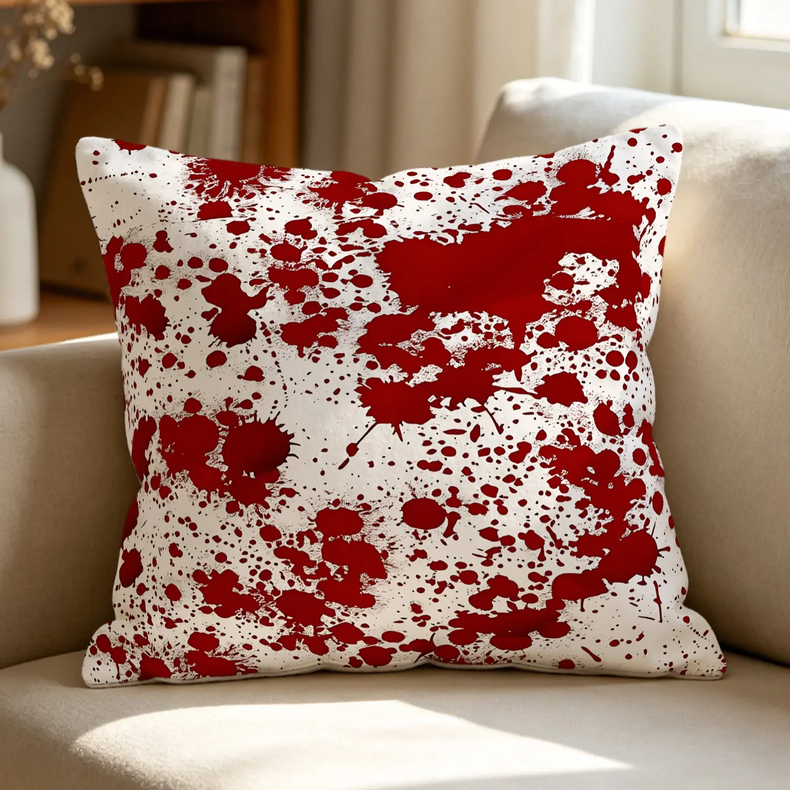 1Pc Horror Blood Splatter Digital Print Throw Pillow, soft decorative Cushion Accent Pillow, Includes Pillow Core, creates eerie scary atmosphere, fits horror lovers, perfect for couch, bed and Halloween home scene decoration.