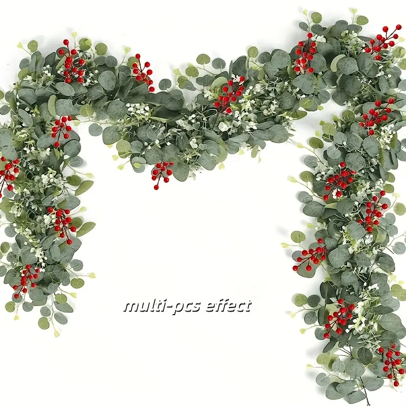1pc Realistic Artificial Eucalyptus Berry Garland with Foliage & Berries - Bohemian Style Feather-Free Plastic Greenery Suitable for Christmas, Weddings, Fireplace, Wreaths, Thanksgiving & New Year Decorations - Hang, No Maintenance Halloween