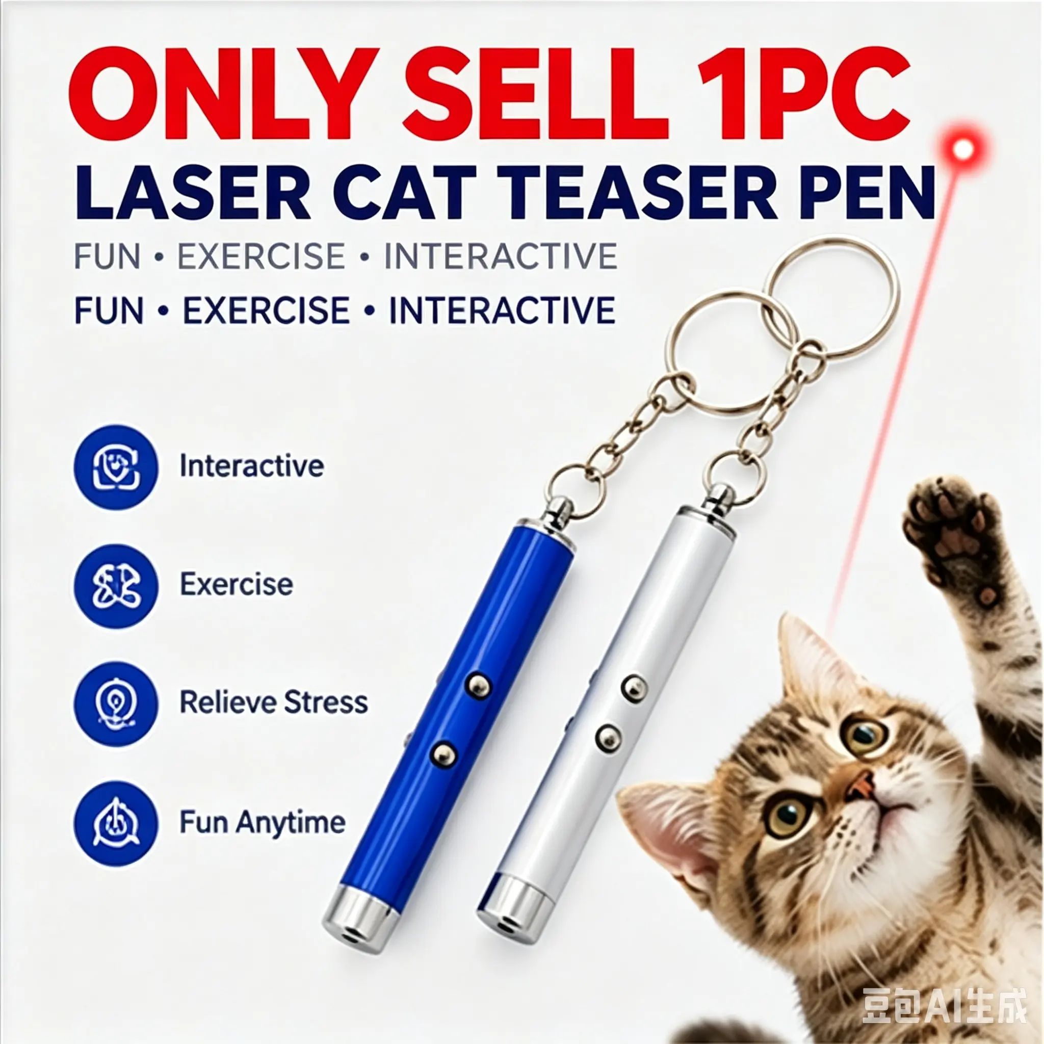 Interactive Cat Laser Toy Pen, Mini Laser Pointer with LED Flashlight and Laser Beam Light, Portable Keychain Cat Teaser for Indoor Exercise & Training