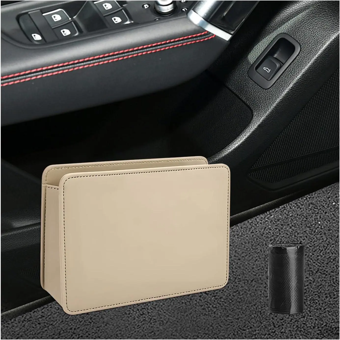 Trash Can, Foldable  Garbage Organizer  Storage Container with 30 count Trash Bags,  Leather Garbage Bin Portable Dustbin for    SUVs (Beige)