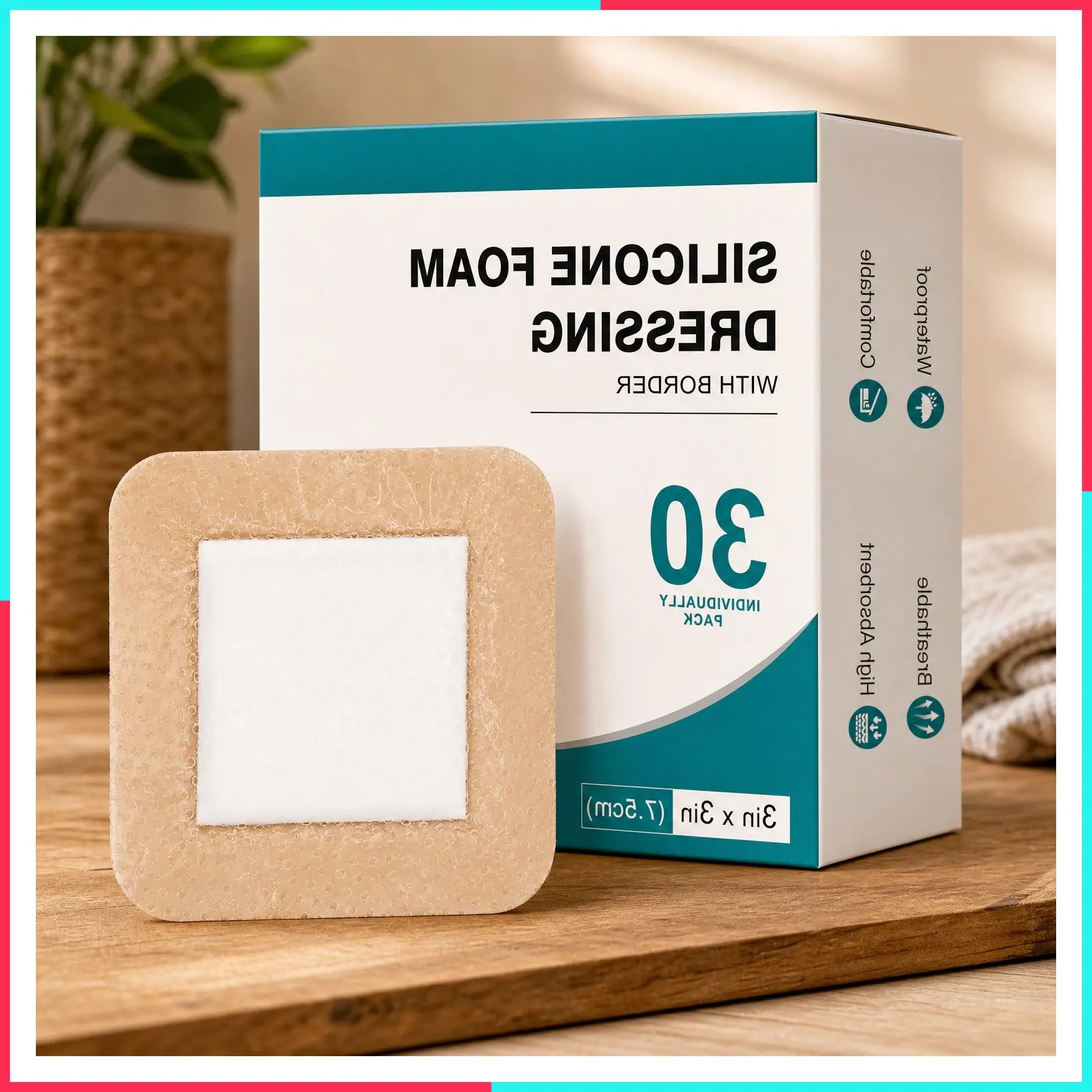 Silicone Foam Dressing 3x3 with Gentle Border, Super Absorbent Waterproof Wound Dressing, Self-Adhesive Bed Sore Patches, Pressure Sore Pads for Wound Care, 30 Pack