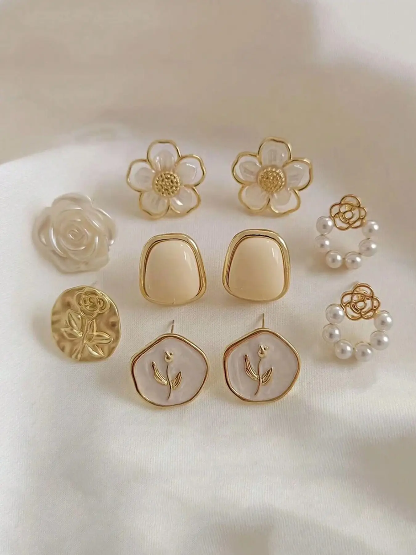 5 Pairs Elegant Floral Fashion Earrings Set, Chic Imitation Pearl Earrings, Flower Stud Earrings, Geometric Glazed Square Earrings, Perfect for Daily Wear