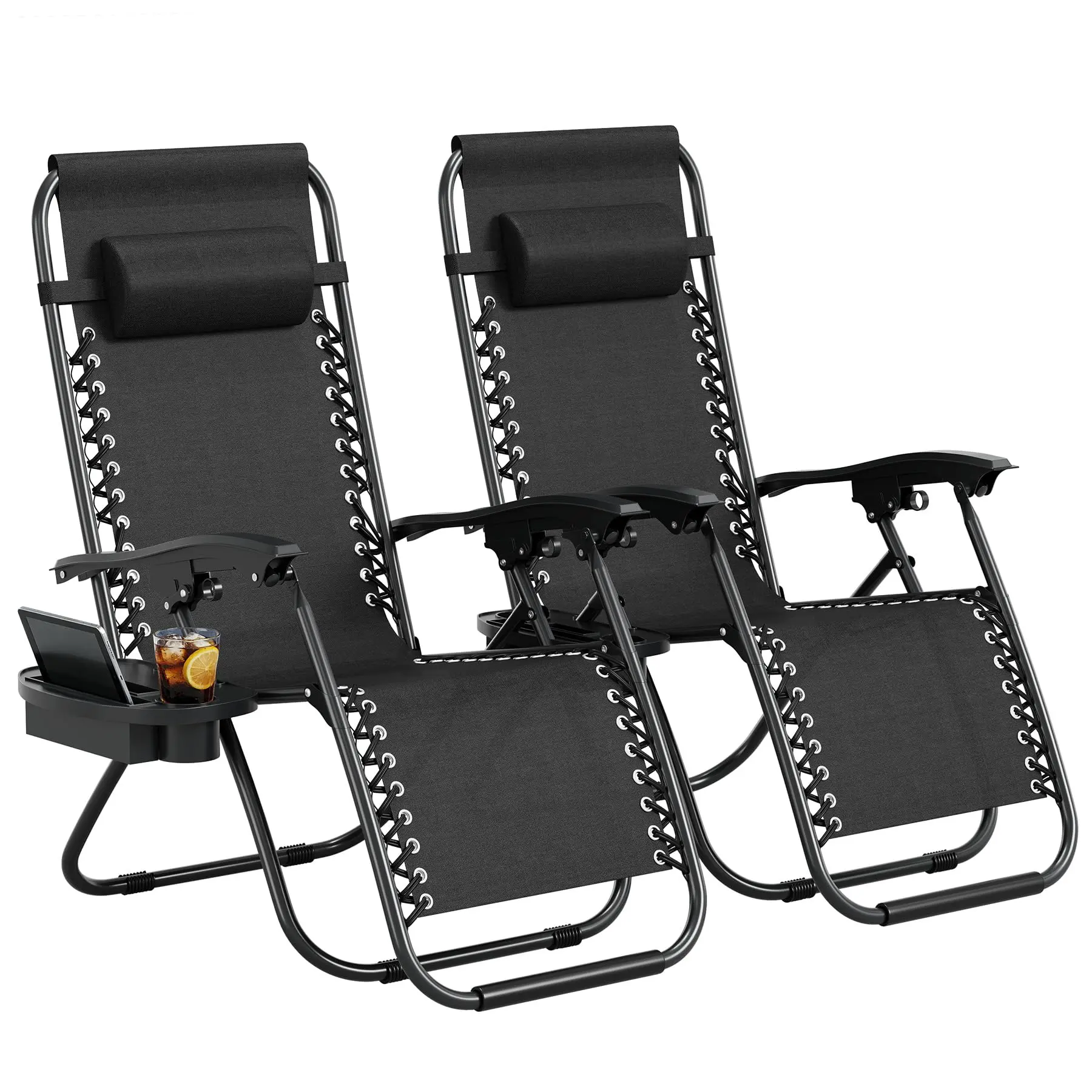 Zero Neutral Outdoor Reclining Patio Chair, Portable Folding Lounge Chair with Adjustable Pillow & Cup Holder Tray, Sturdy Steel Frame Recliner for Beach Camping Poolside Garden Backyard Lawn