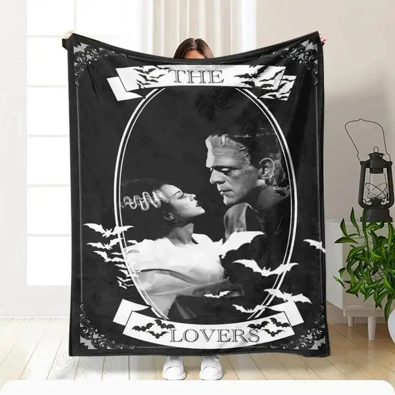 Retro Vintage Frankenstein Monster & Bride Bat Full Moon Animal Motifs Flannel Throw Blanket - Polyester Fabric, Soft Texture, All-Season Warm, Horror Lover Gifts for Classic Horror Fans, Limited Stock Halloween Gift, Fits Bed Sofa Camping