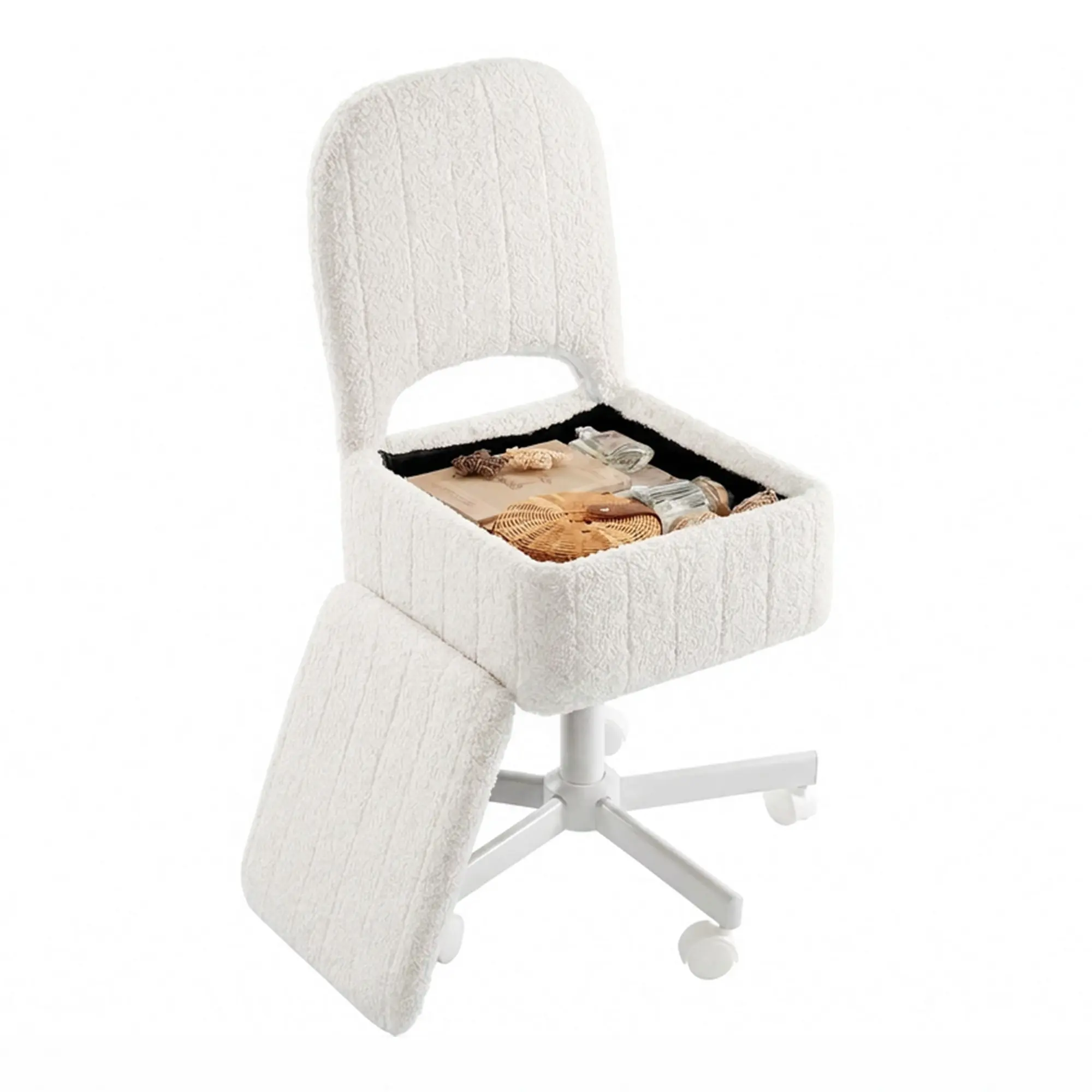 Vanity Stool with Storage & Folding Back – Height Adjustable Makeup Chair on Wheels, 360° Swivel Ottoman for Bedroom, Dorm, Home Office