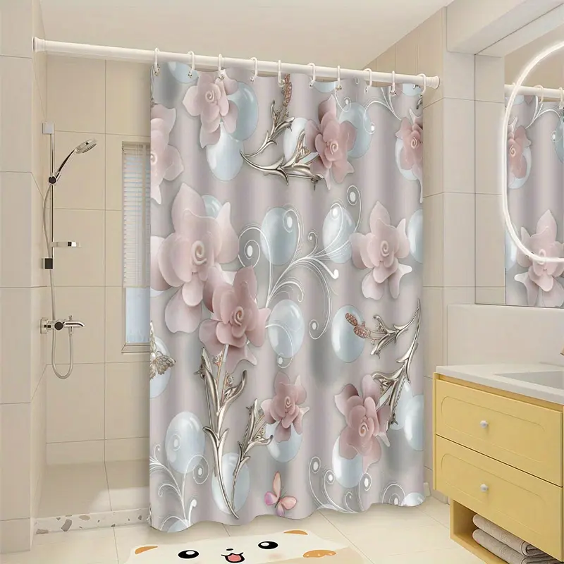 1 piece of modern art decorative floral pattern shower curtain, high-end elegant bathroom curtain, home decoration printed partition bathroom accessories Floral Shower Curtains For Bathroom (including 12 hooks, excluding shower curtain rod)