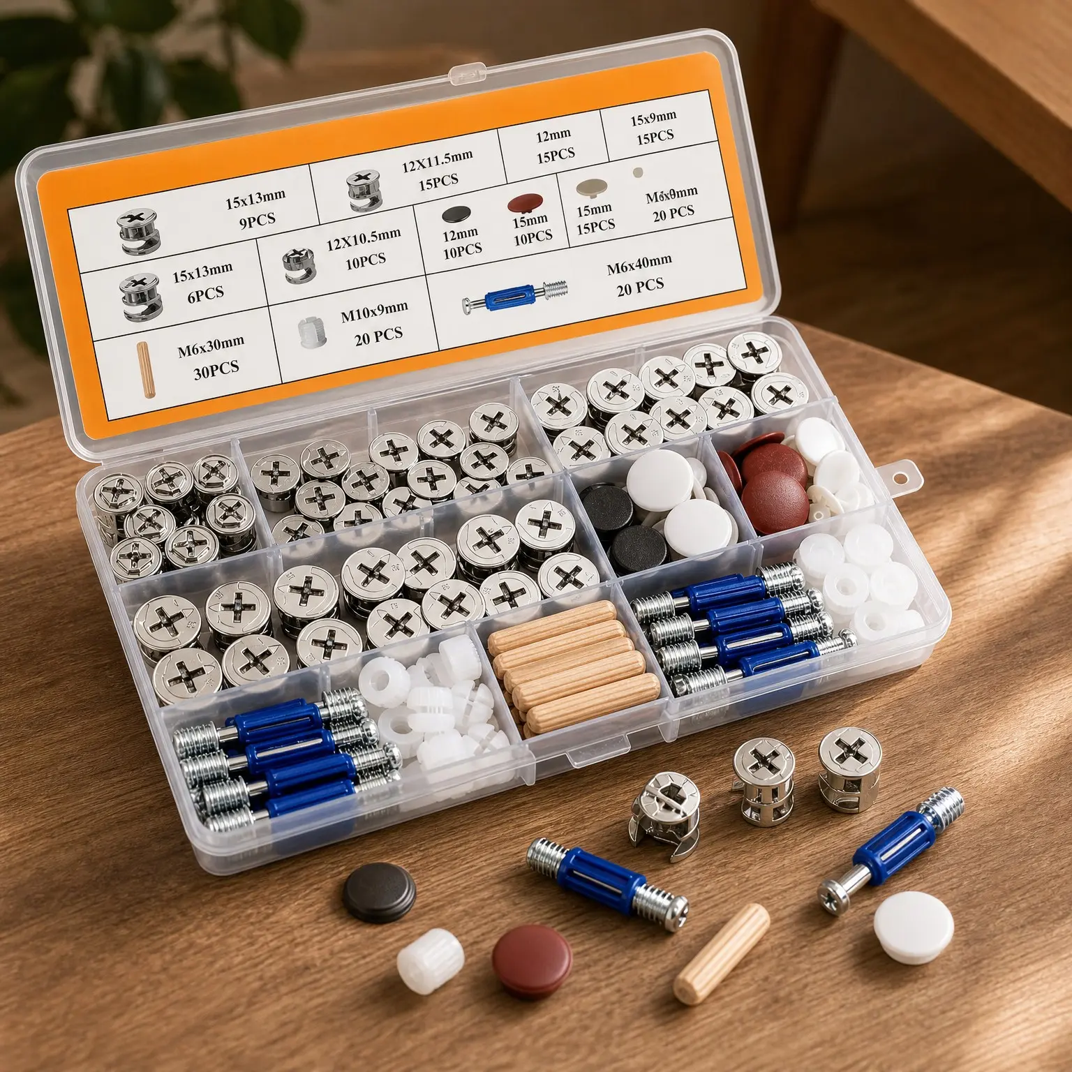 170PCS Cam Locks for Furniture, 3-in-1 Eccentric Hardware Wheels, Fasteners & Connectors with Multi-Size Nuts, Bolts, and Wood Dowel Pins - Assortment Kit for Furniture Assembly & RepairGift