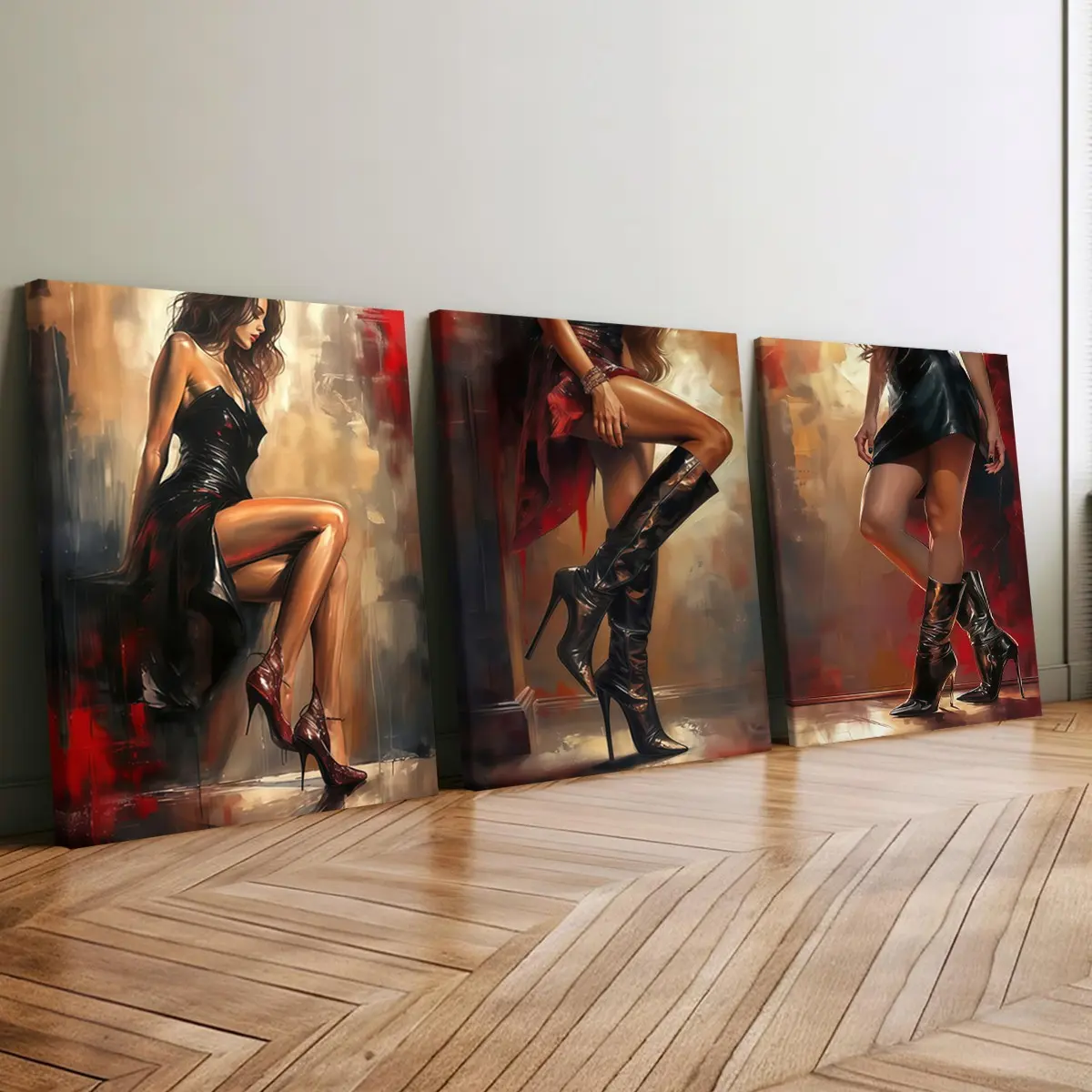 3 count wooden frame canvas, red brown leather coat high heel female atmosphere sense triple poster, fashion poster, home decoration, modern art living room hanging picture, suitable for bedroom, office, wall art, waterproof
