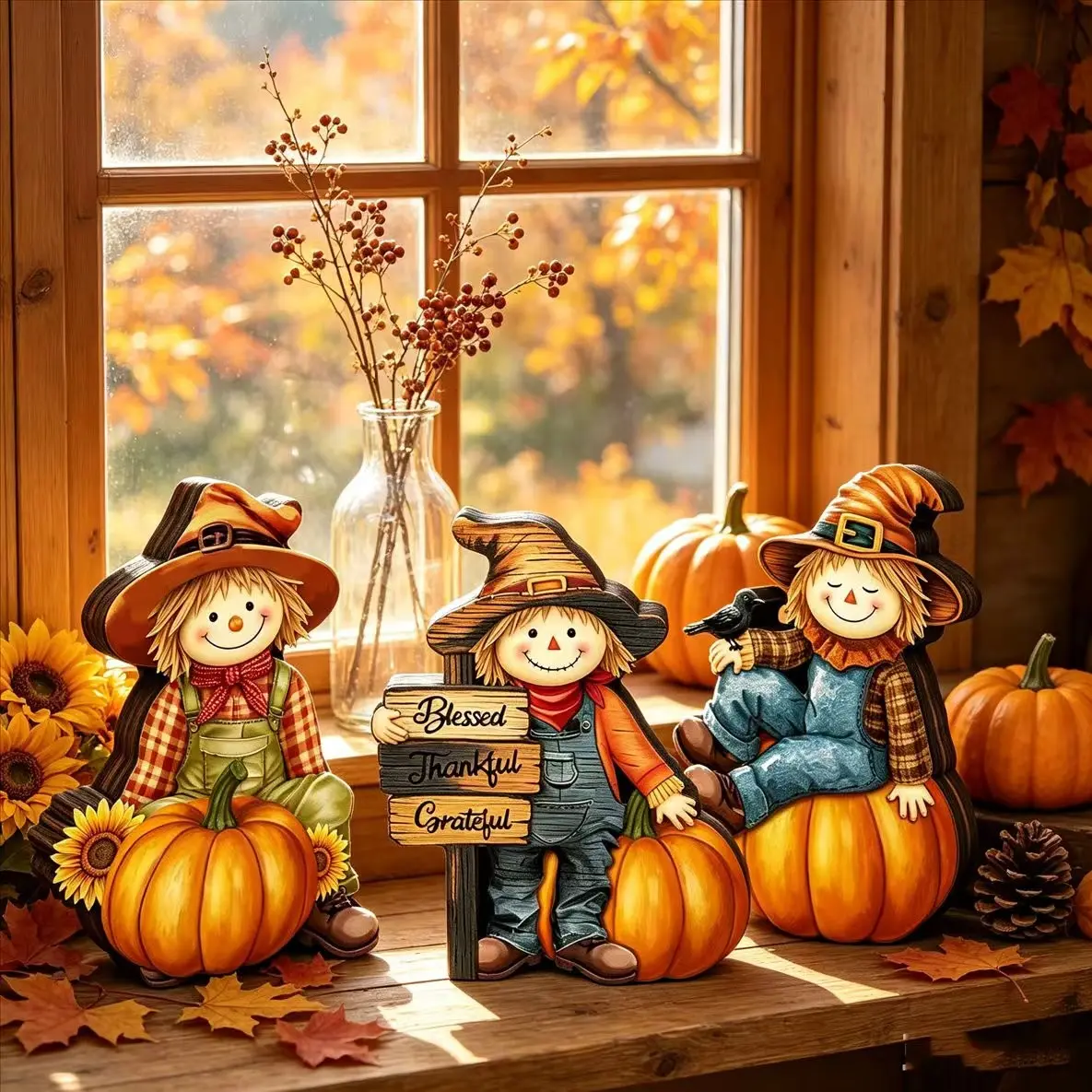 3 Pack Fall Scarecrow Pumpkin Wooden Tabletop Decor, Blessed Thankful Grateful Sunflower Crow Harvest Wooden Tiered Tray Ornament, Rustic Farmhouse Autumn Thanksgiving Wooden Table Sign For Kitchen Mantel Coffee Table Fall Party Housewarming Gift