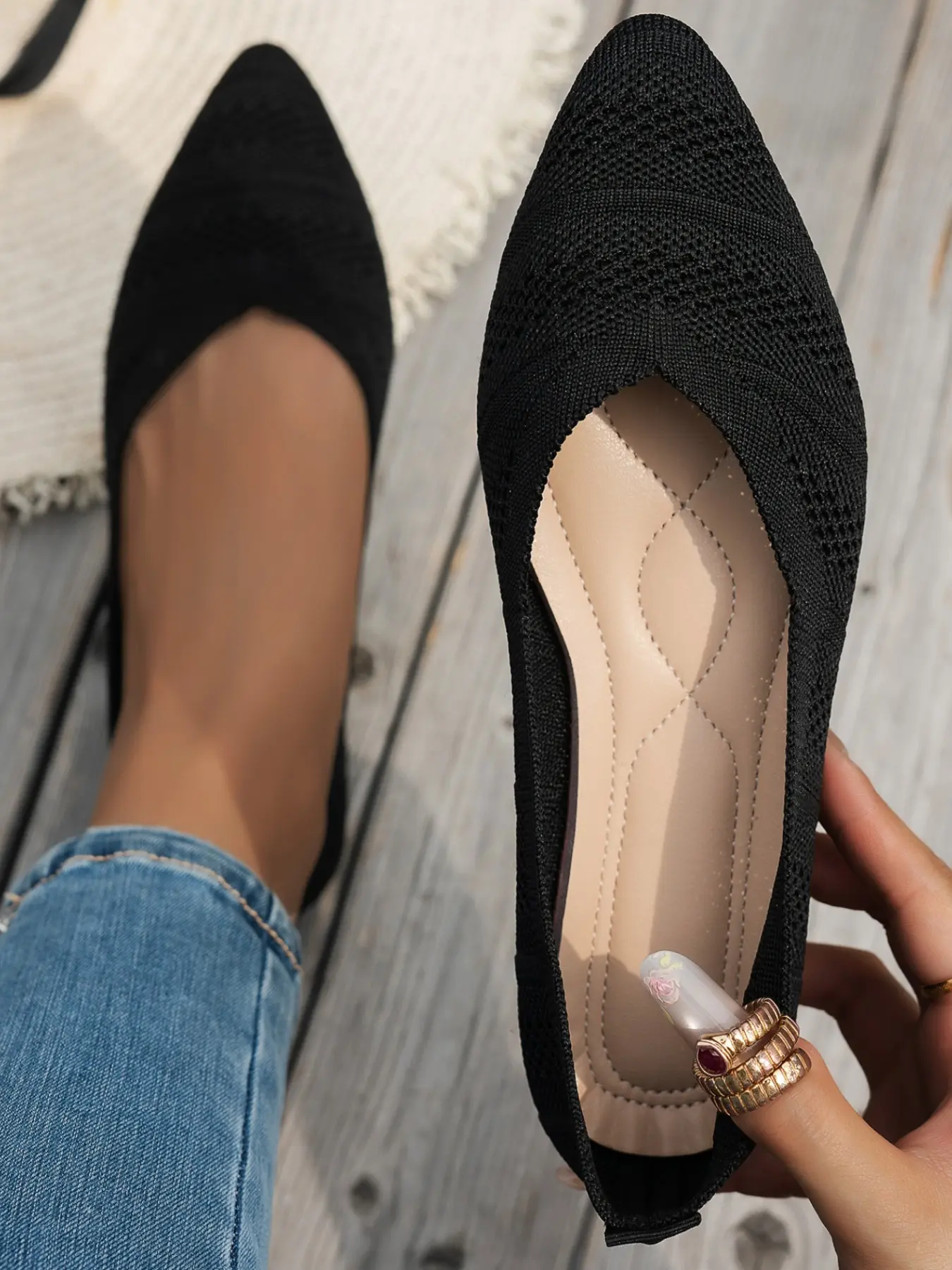 Women Pointed Toe Knit Flat Shoes, Breathable Stretch Slip On, Casual Daily Walking Ballet Flats, Ballerina Flats Shoes, All Seasons, Fabric Upper, Rubber Sole Footwear