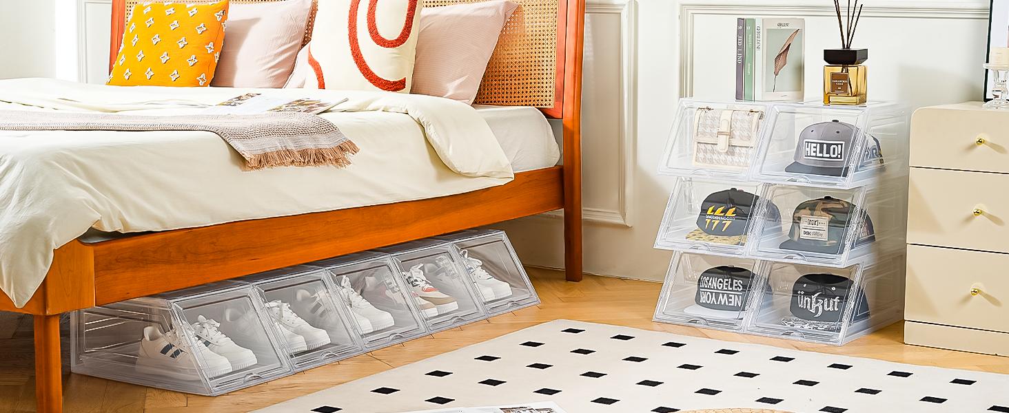 2 Pack Stackable Hat Organizer for Baseball Caps, Large Clear Hat Holder with Sliding Drawer, Hat Storage Box with Door, Baseball Cap Organizer