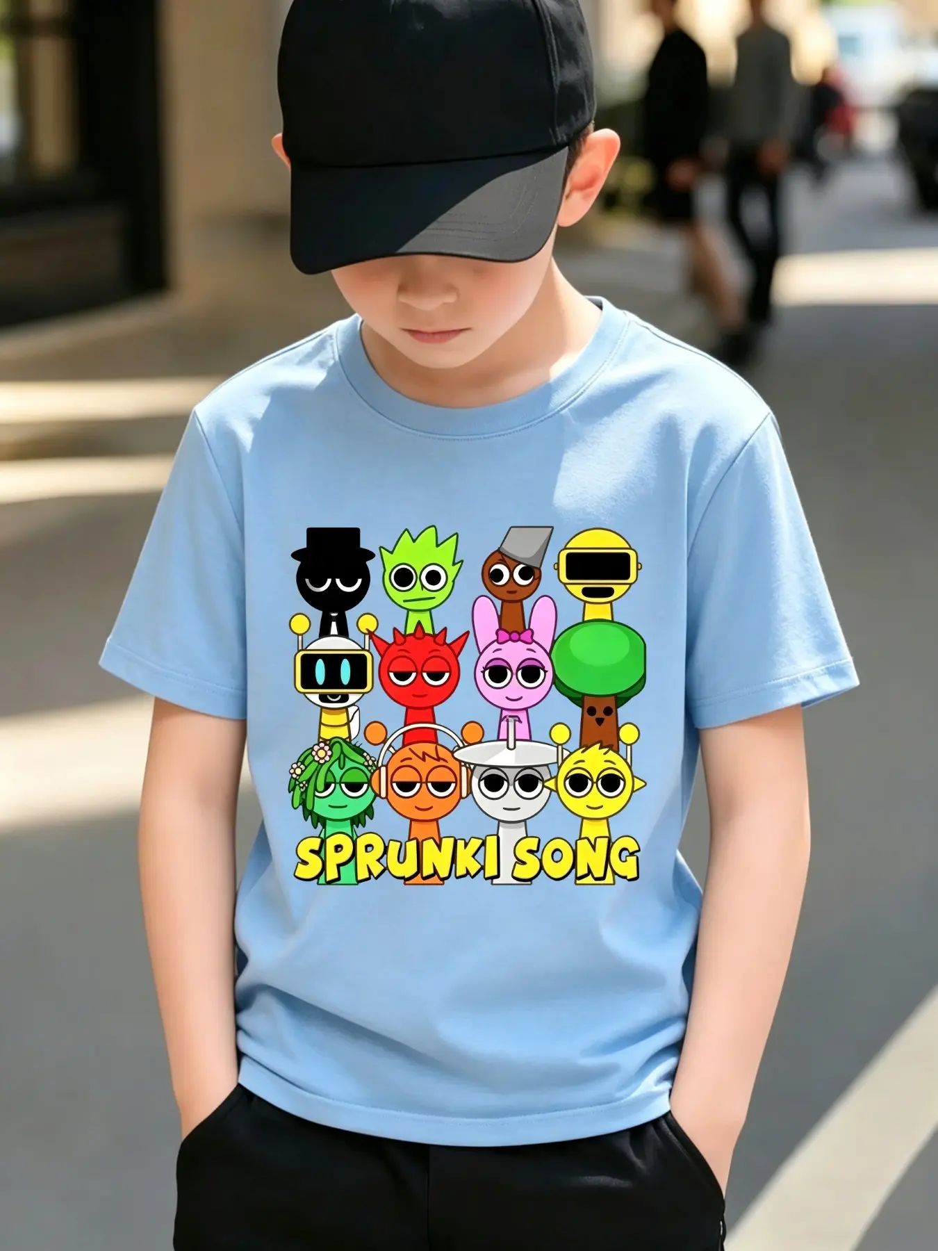 New Summer Kids SPRUNKI SONG Full Character Black Tee, Colorful Cute Cartoon Figures, Fresh & Nice for School, Outdoor Play and Daily Outfits!#Kids Short Sleeve #Trendy Kids Wear #Music Game Cartoon Tee #Casual Summer Tops