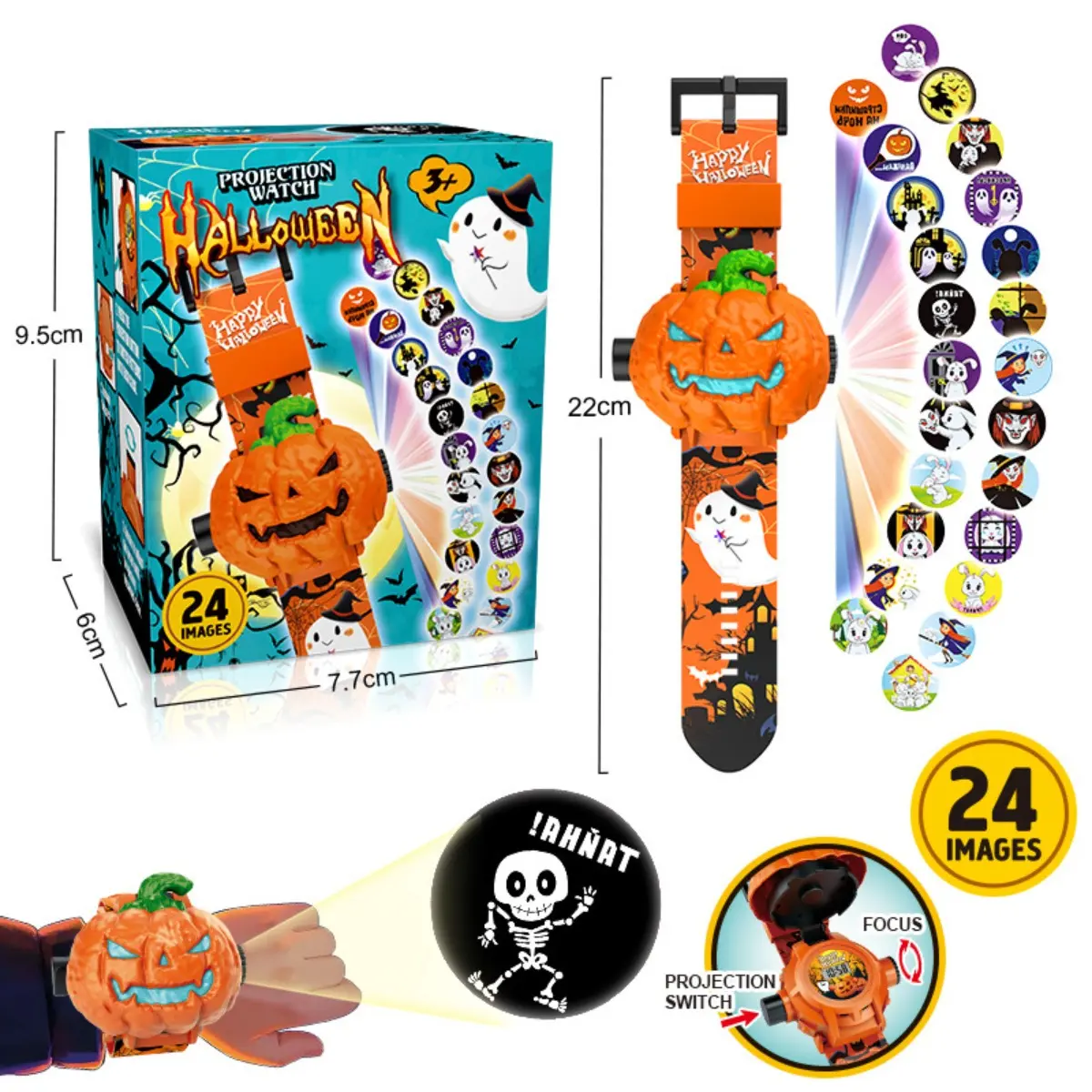Halloween Pumpkin Projection Watch for Kids, 24 Spooky Halloween Patterns Flip Cover Digital Watch, LED Projection Toy, Perfect Halloween Party Favors & Trick Or Treat Gifts for Boys Girls Age 3-8